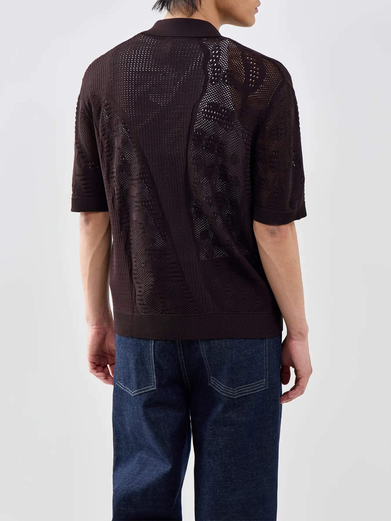 Crochet Knit Short Sleeve Shirt Brown - Image 5