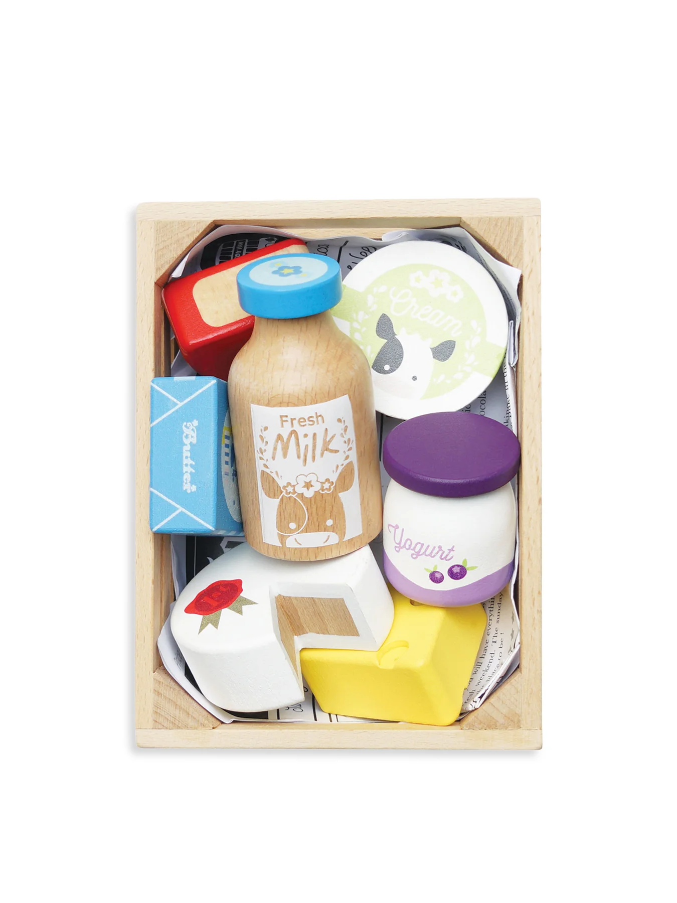 Wooden Food Crate Cheese and Dairy Toy Set
