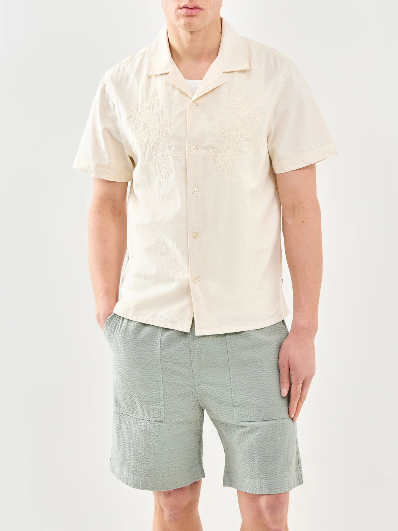 Sunset Camp Short Sleeve Embroidered Shirt Cream - Image 4
