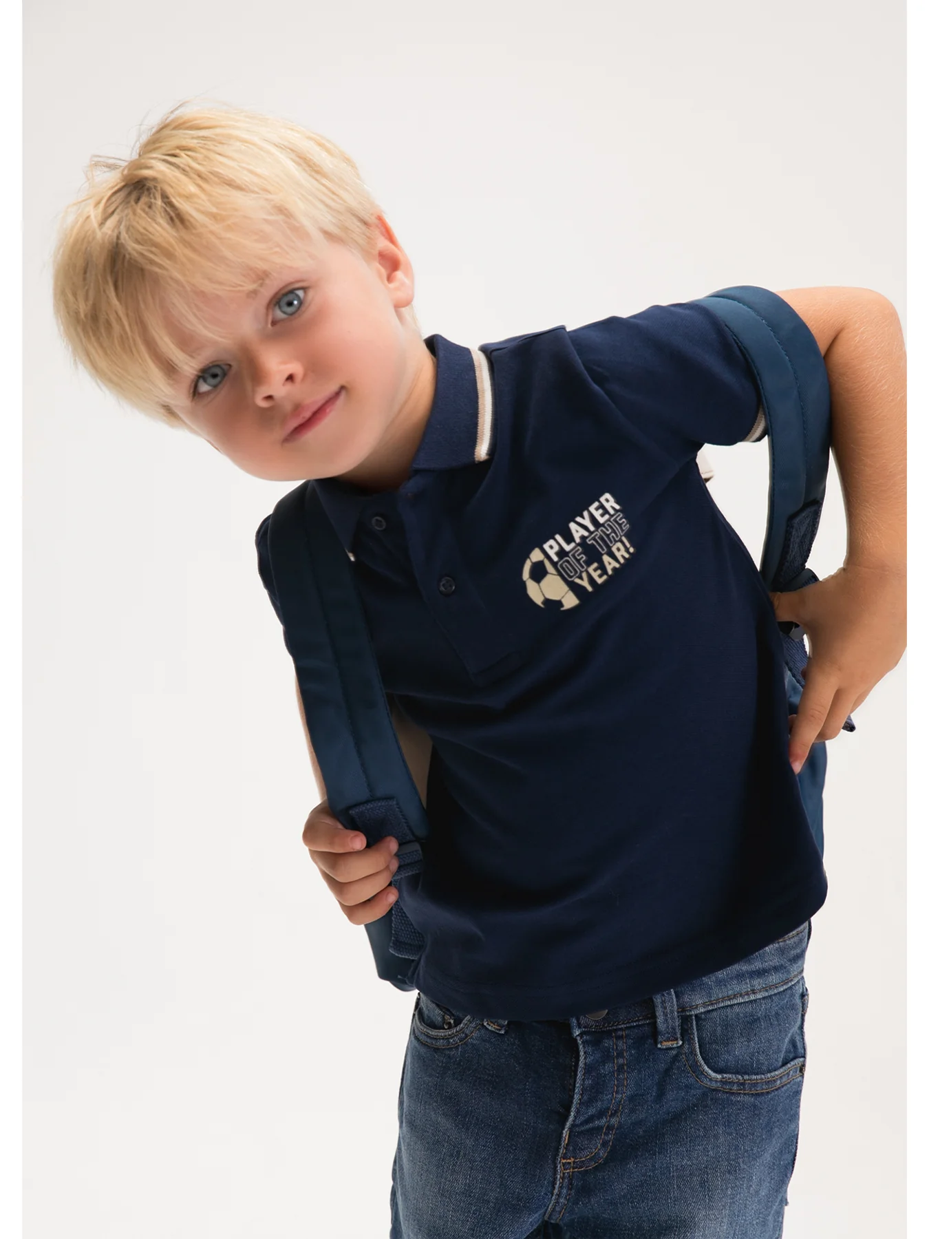Kids’ Football Print Short Sleeve Polo Navy - Image 4