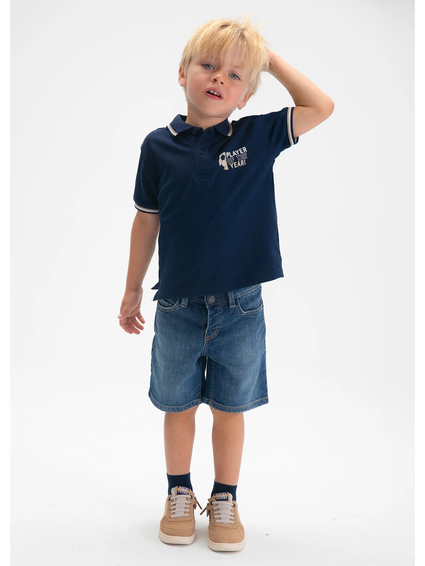 Kids’ Football Print Short Sleeve Polo Navy - Image 5