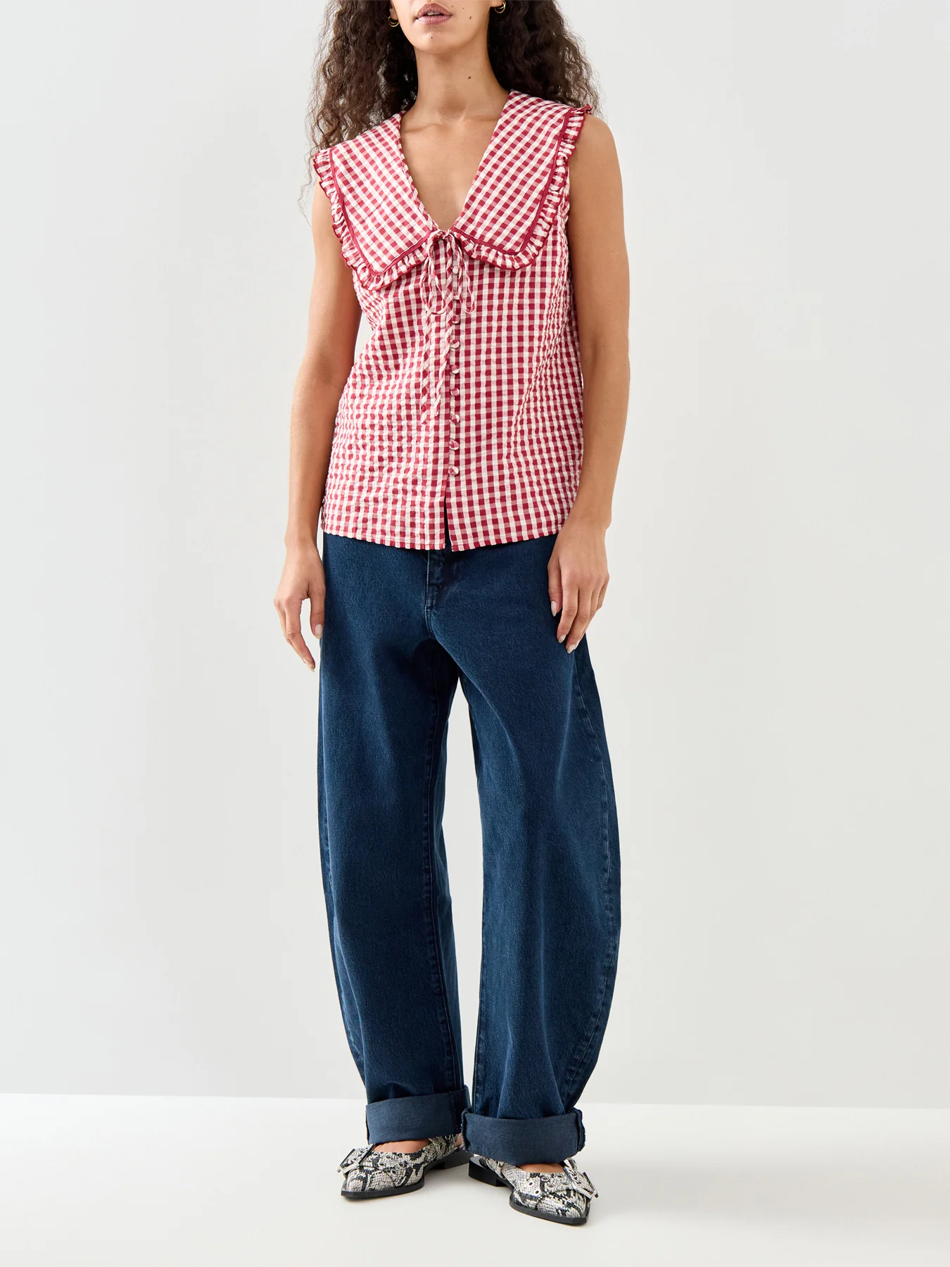 Blair Ruffle Collar Button Through Top Red - Image 2