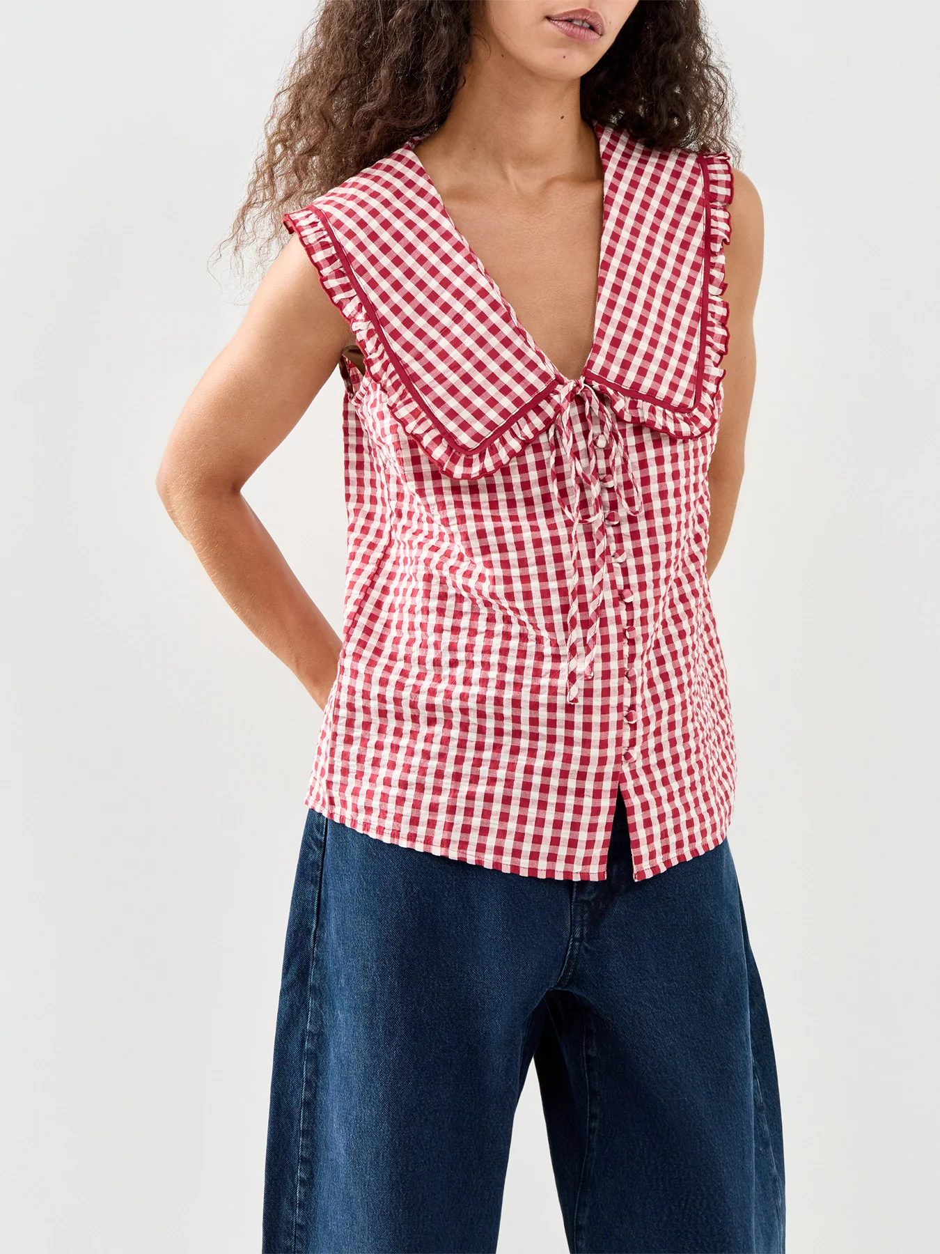 Blair Ruffle Collar Button Through Top Red - Image 4