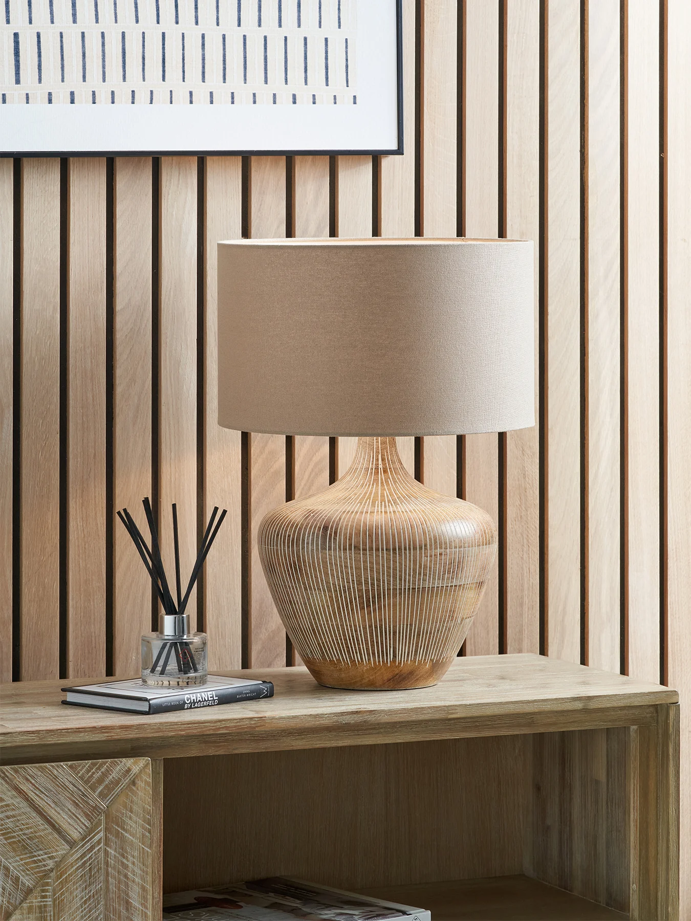 Textured Wood Table Lamp Base with Cylinder Shade Beige - Image 2