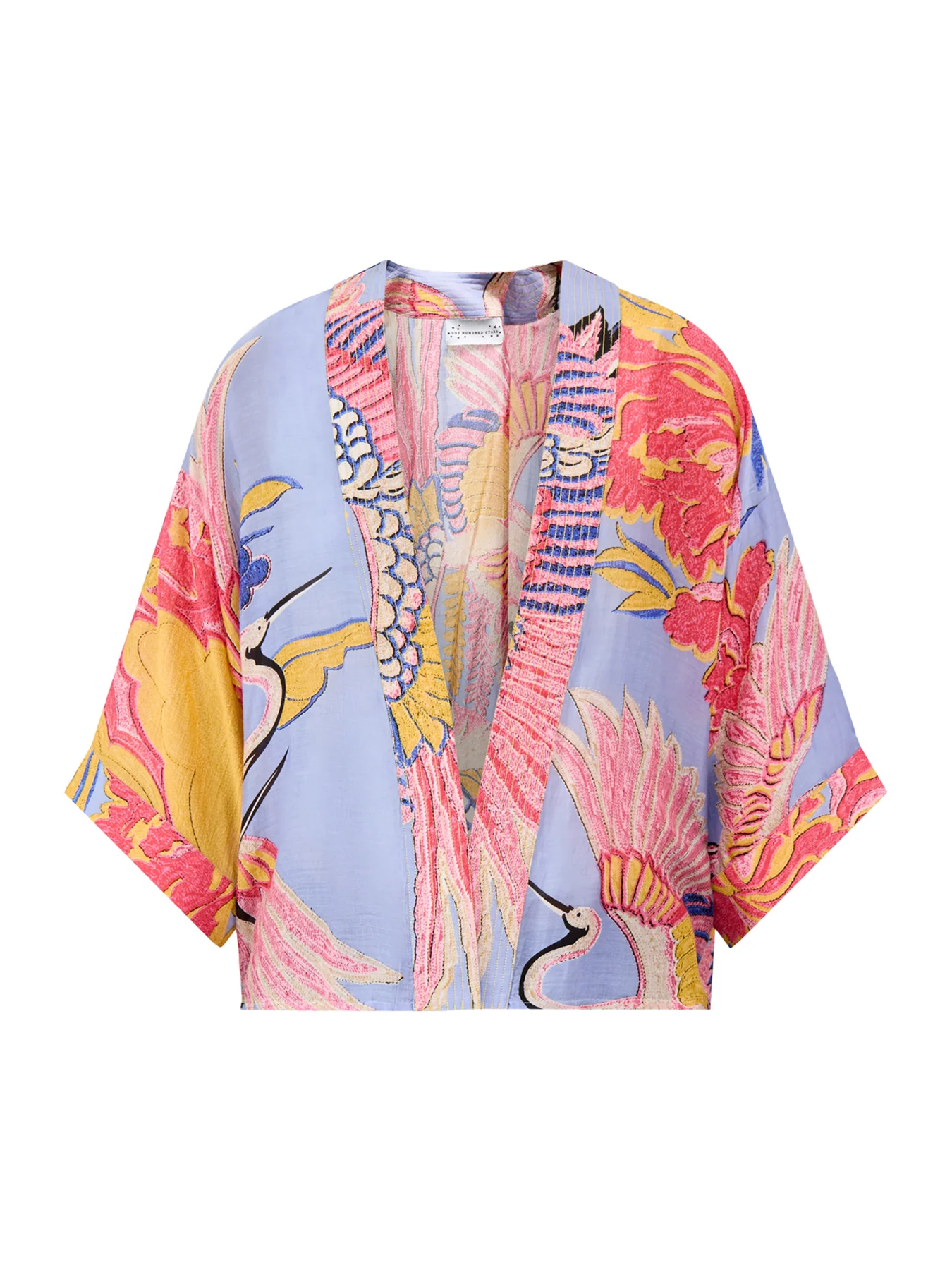 Crane Print Short Kimono Blue