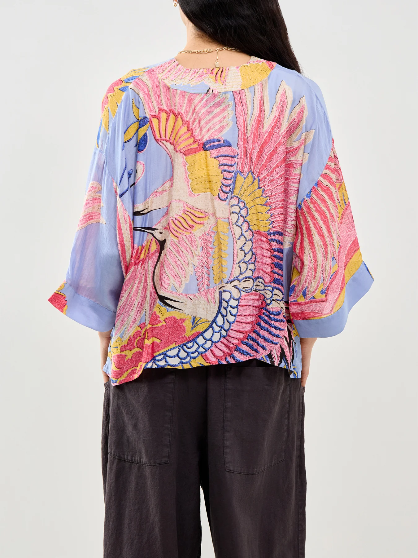 Crane Print Short Kimono Blue - Image 5
