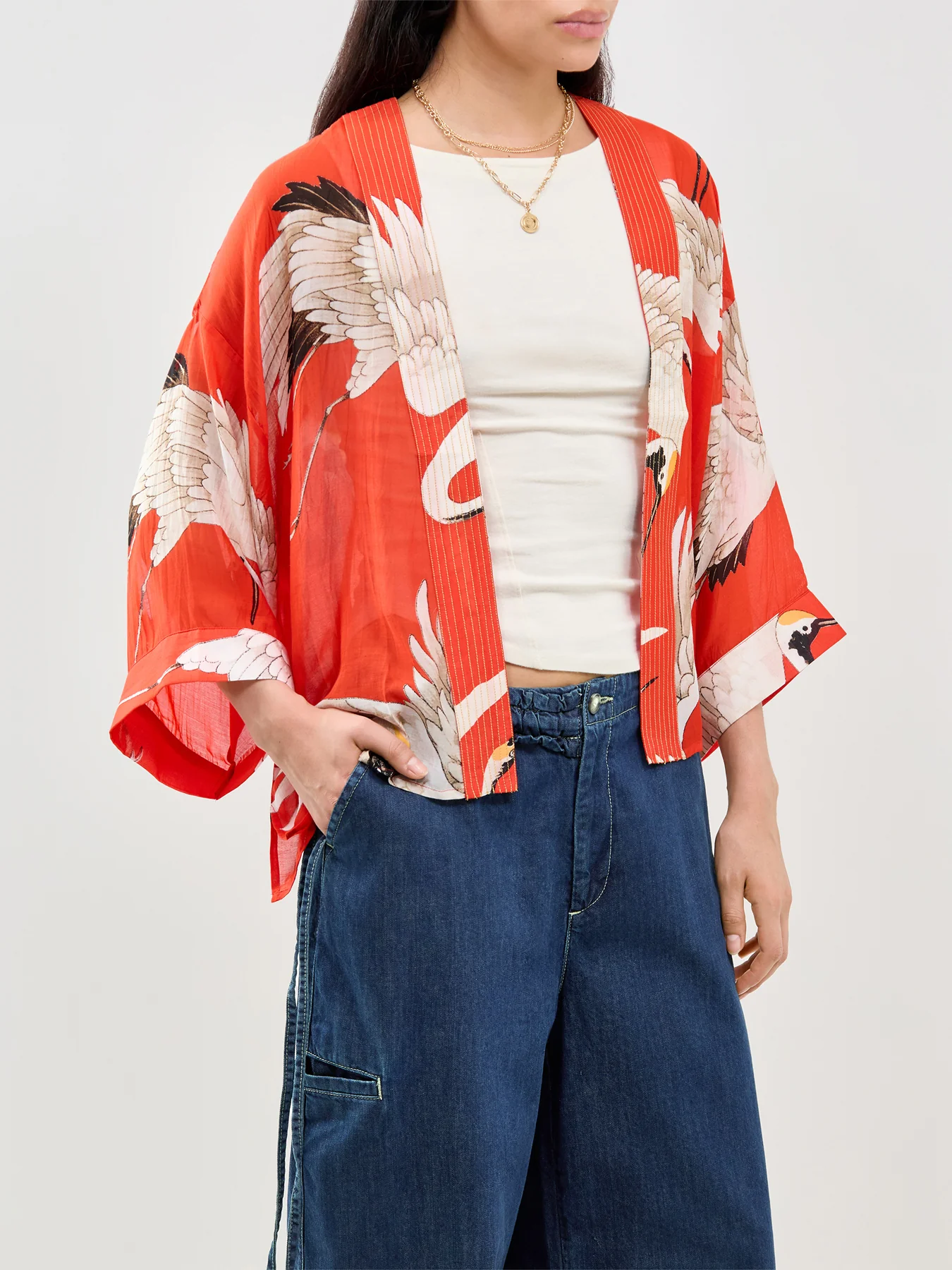 Stork Print Short Kimono Red - Image 4