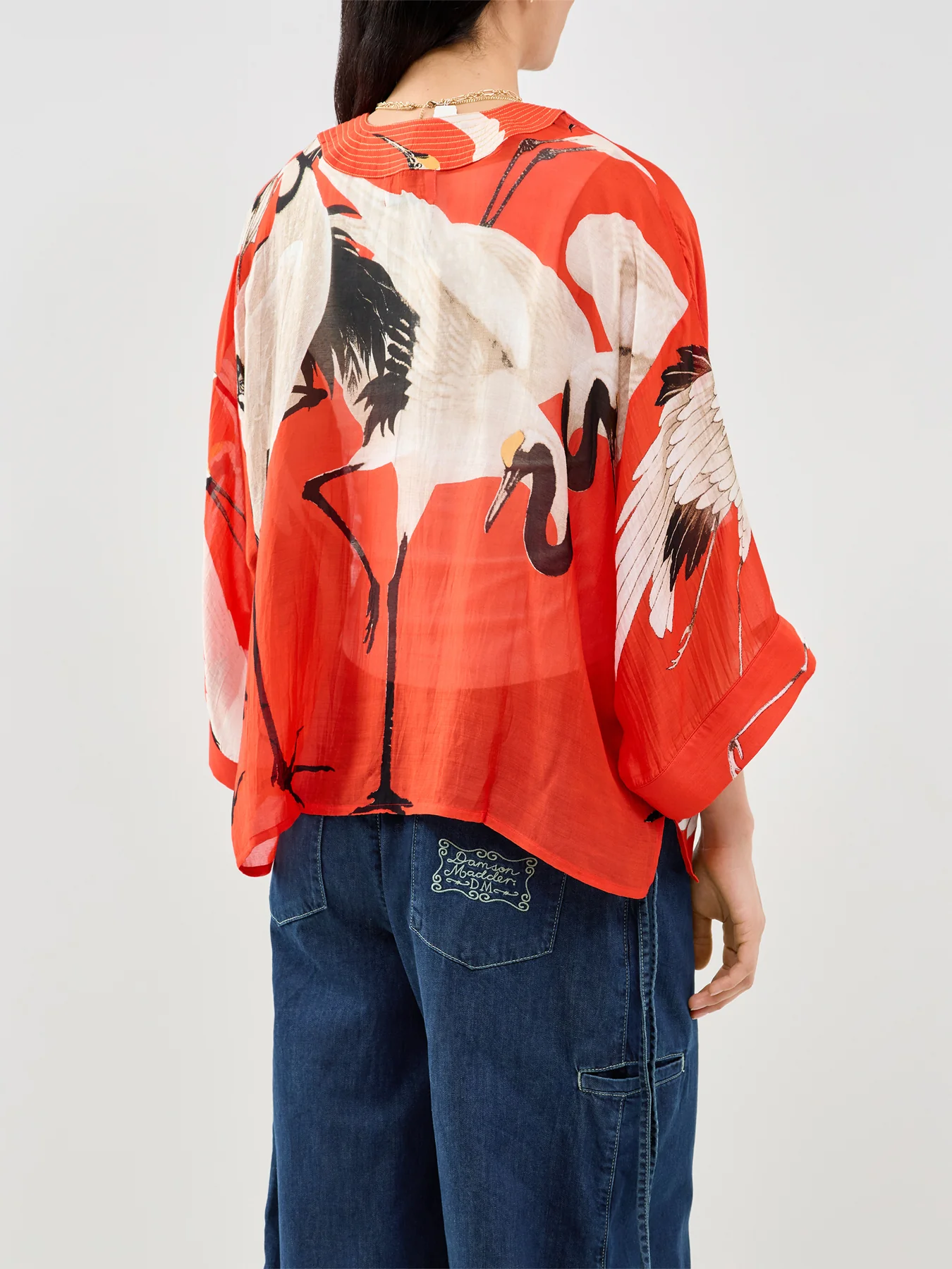 Stork Print Short Kimono Red - Image 5