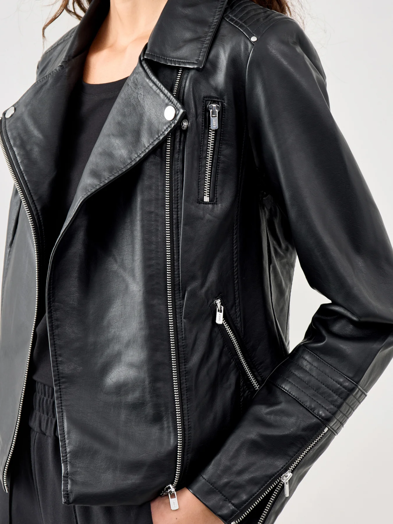 Faux Leather Biker Jacket Black - Image 3