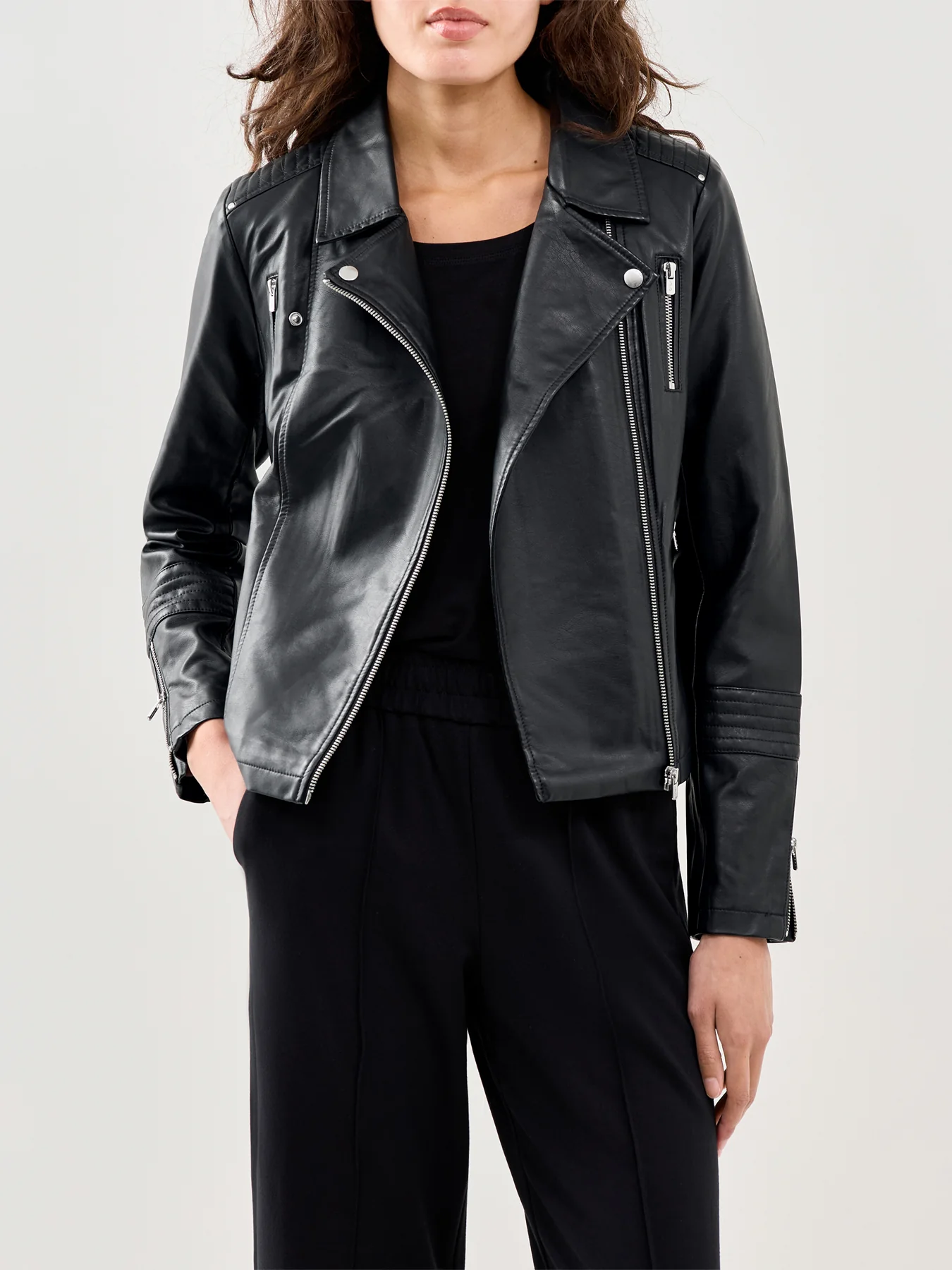 Faux Leather Biker Jacket Black - Image 4