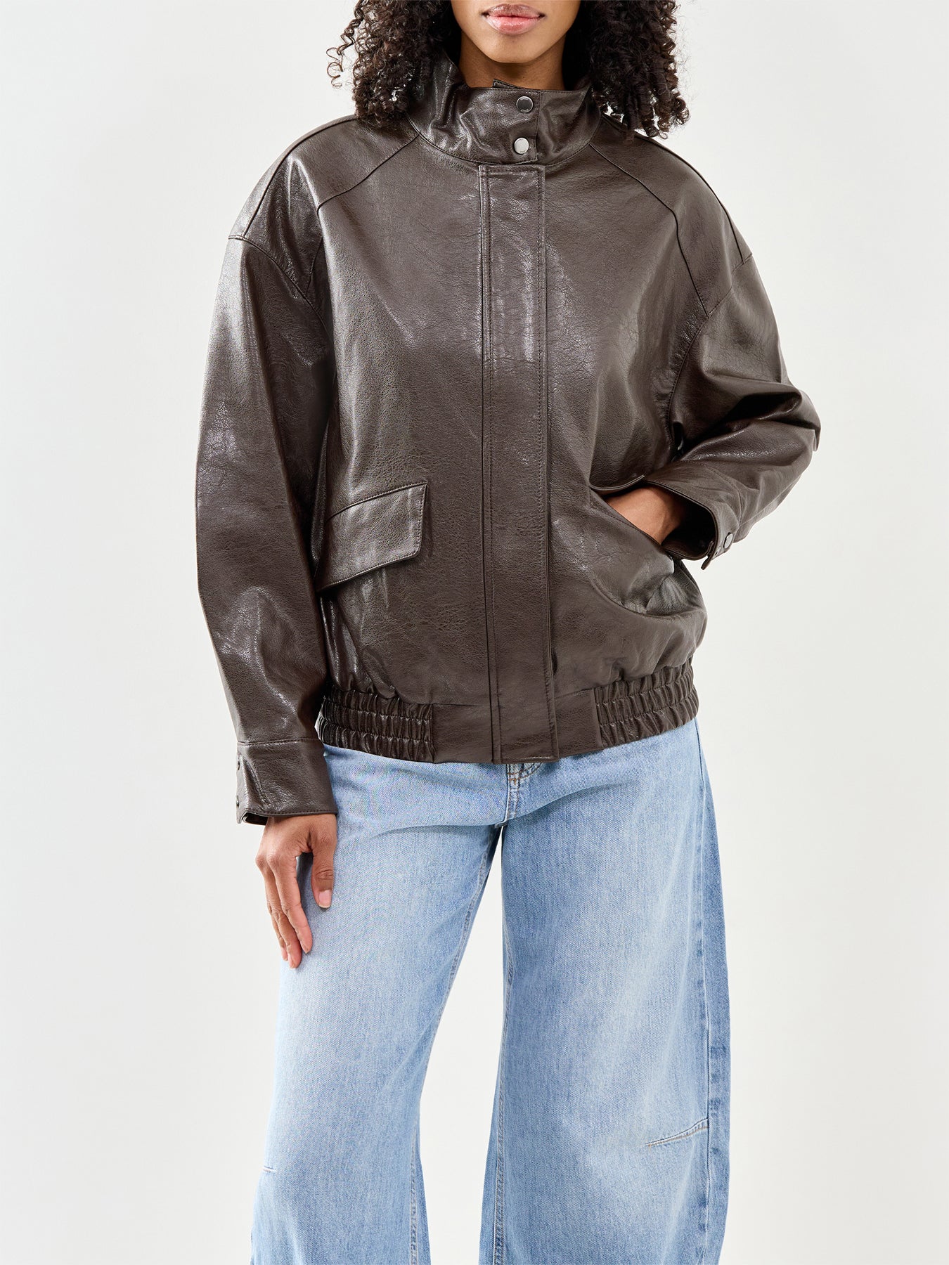 Julia Faux Leather Oversized Bomber Jacket Brown - Image 4