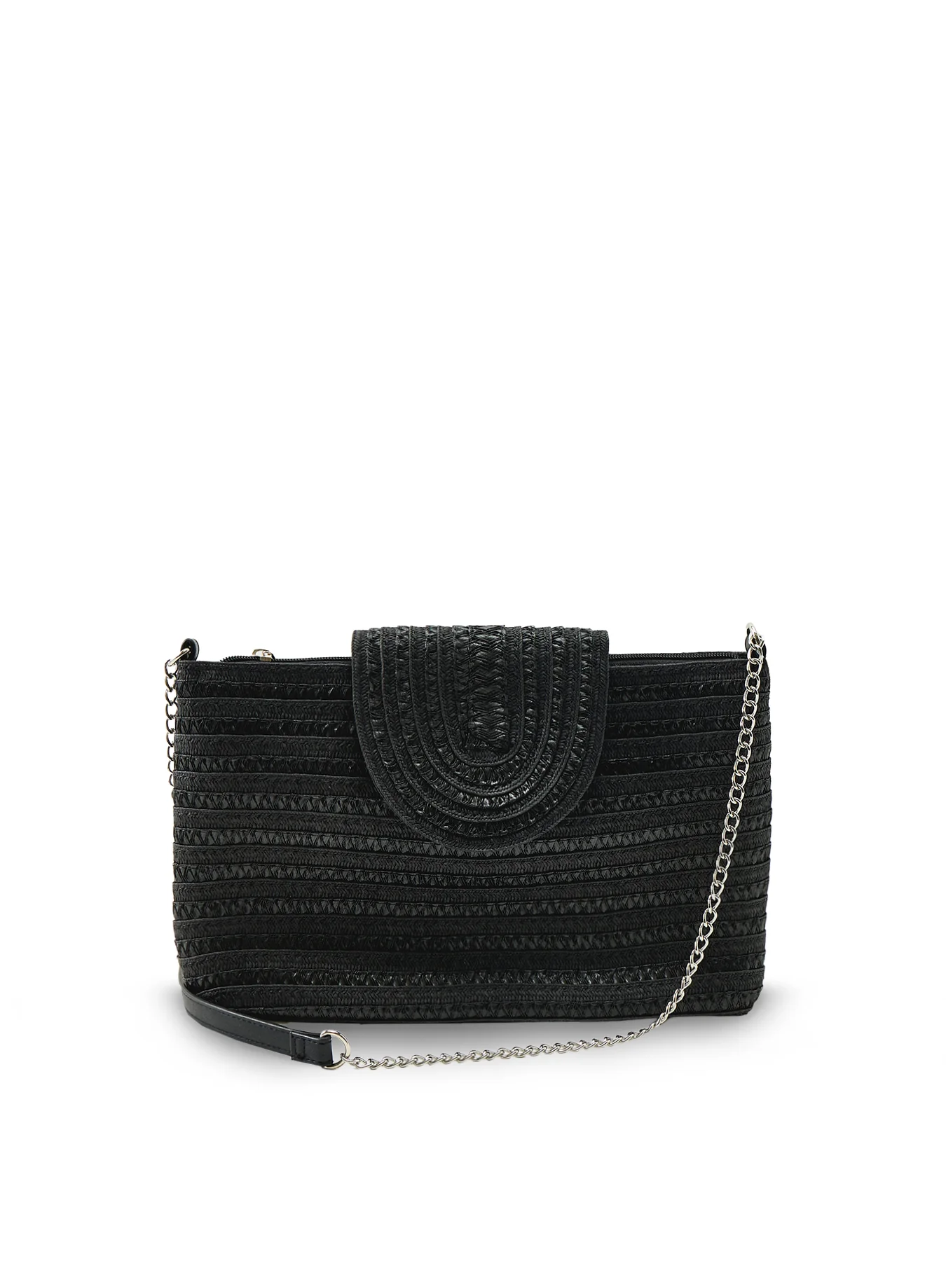 Straw Crossbody Flap Bag Black