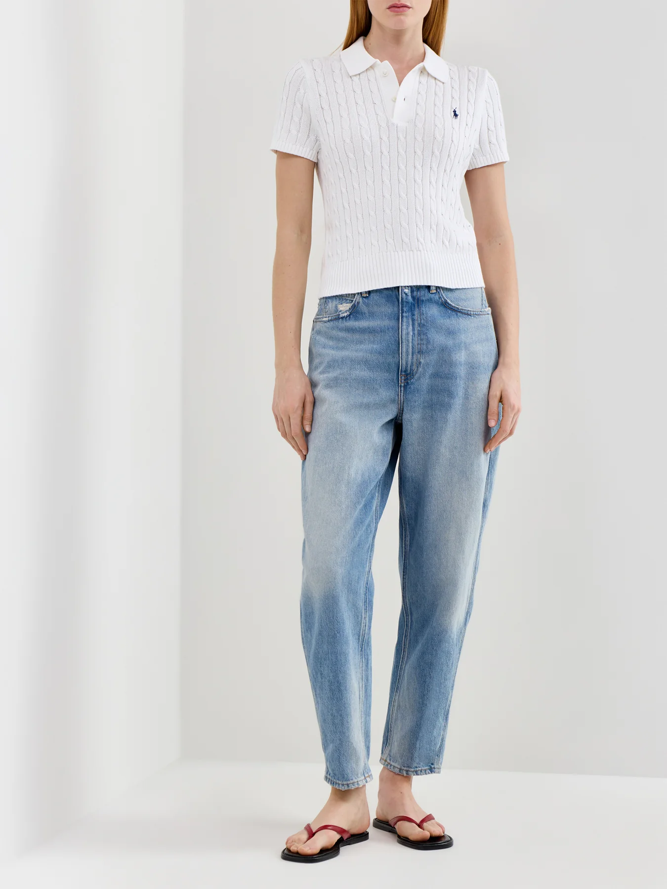 Cable Knit Short Sleeve Polo Pullover White - Image 2