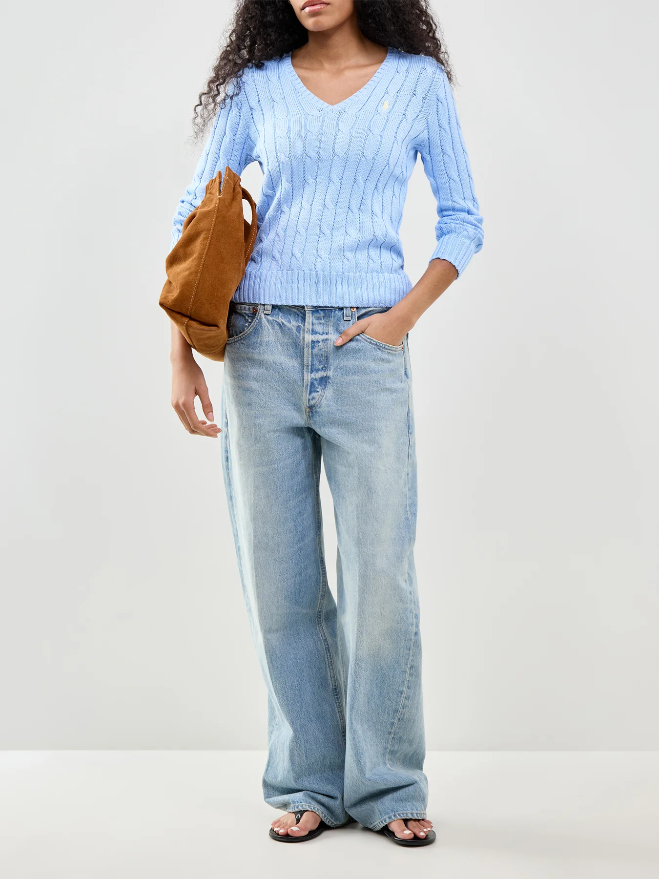 Cable Knit V-Neck Jumper Blue - Image 2