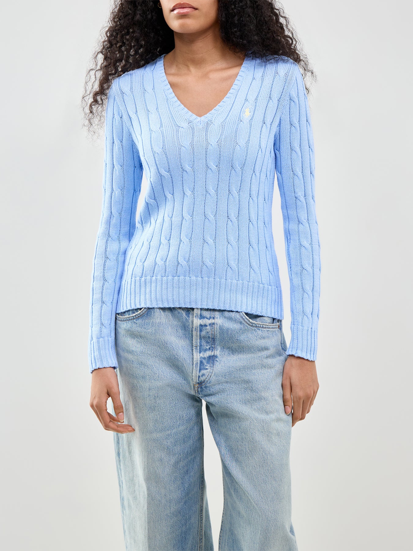 Cable Knit V-Neck Jumper Blue - Image 4