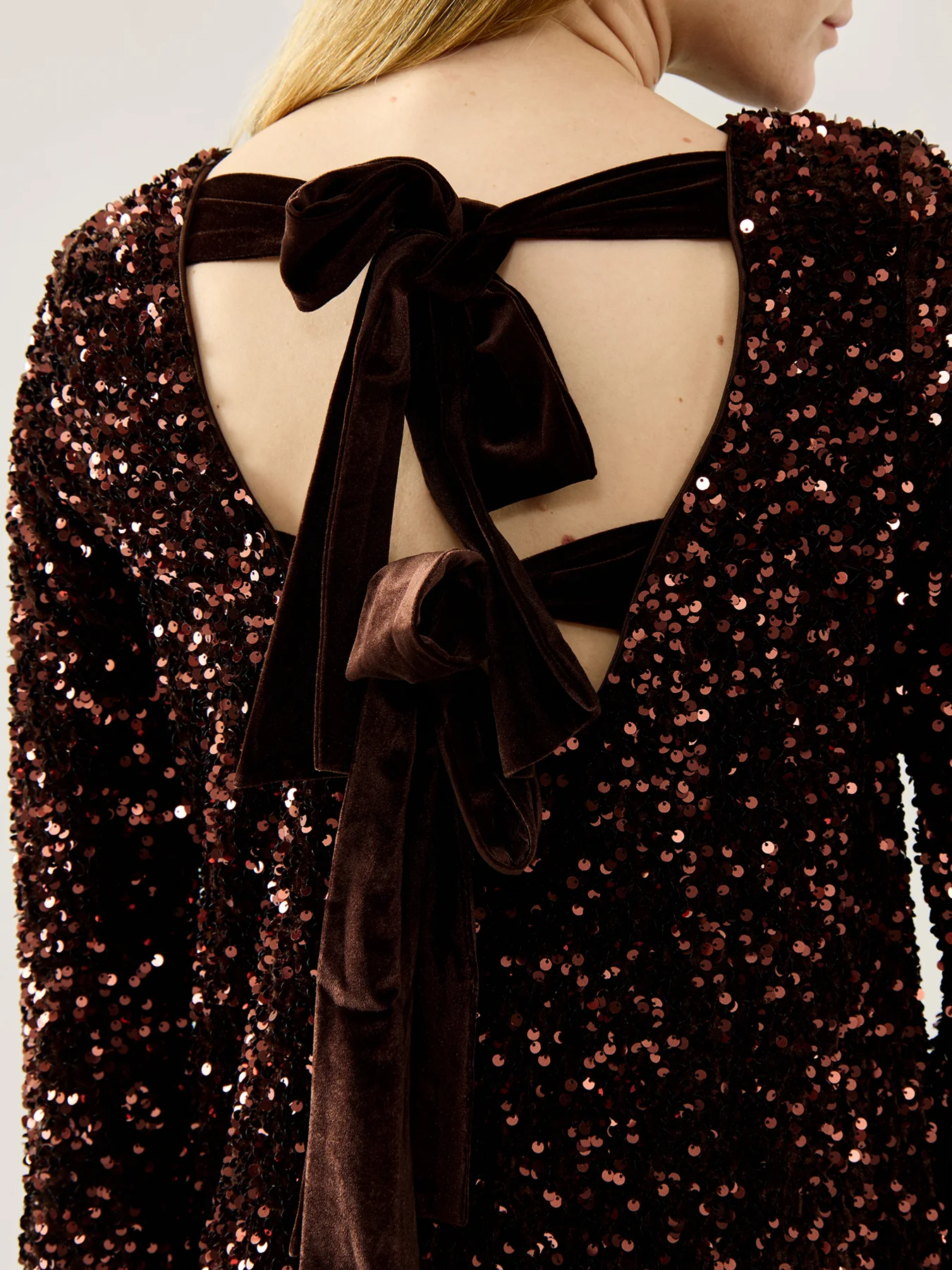 Bow Sequin Mini Dress Chocolate - Image 3