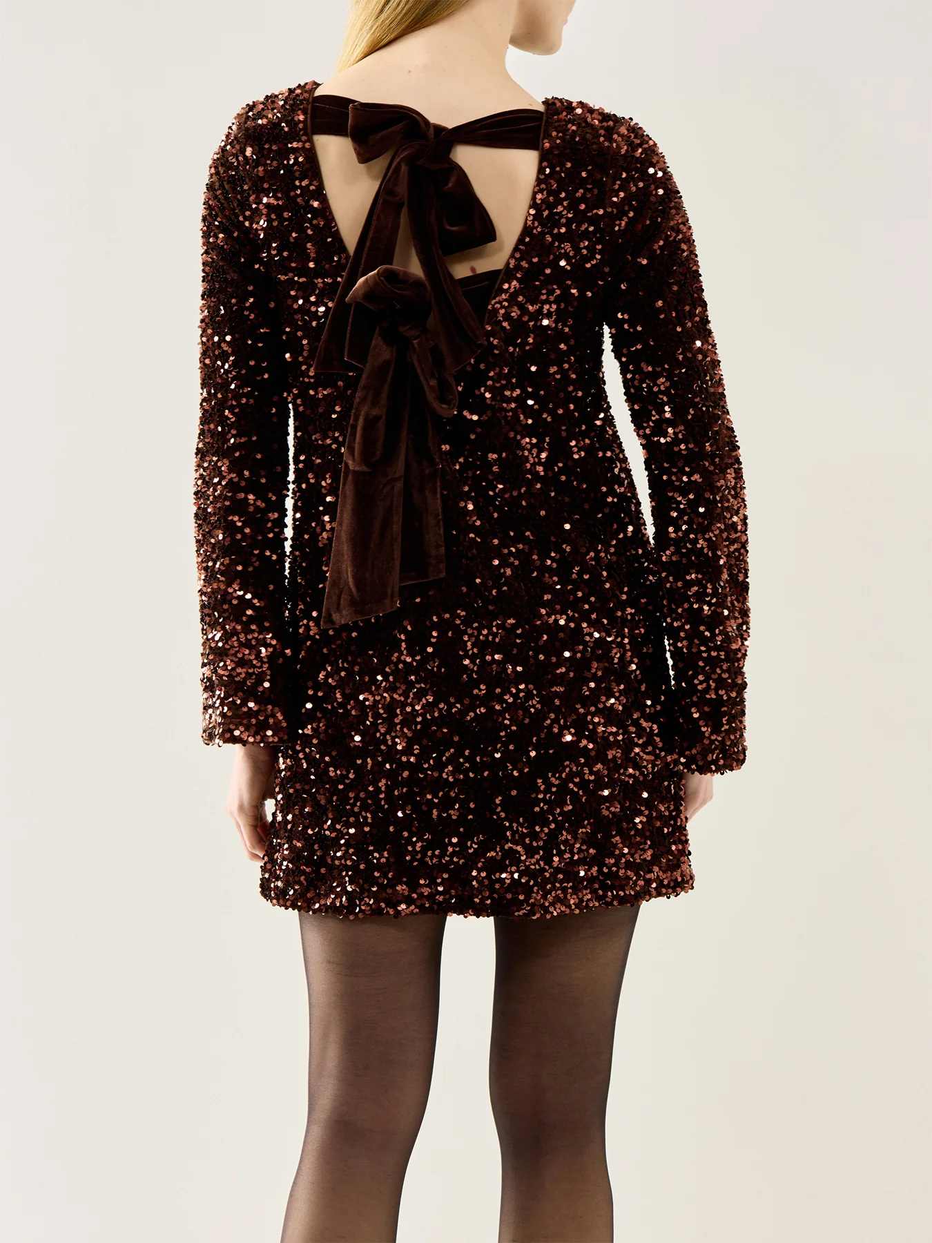Bow Sequin Mini Dress Chocolate - Image 5