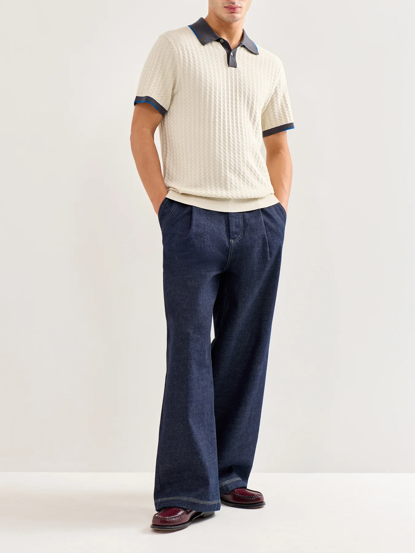 Knitted Textured Short Sleeve Polo White - Image 2