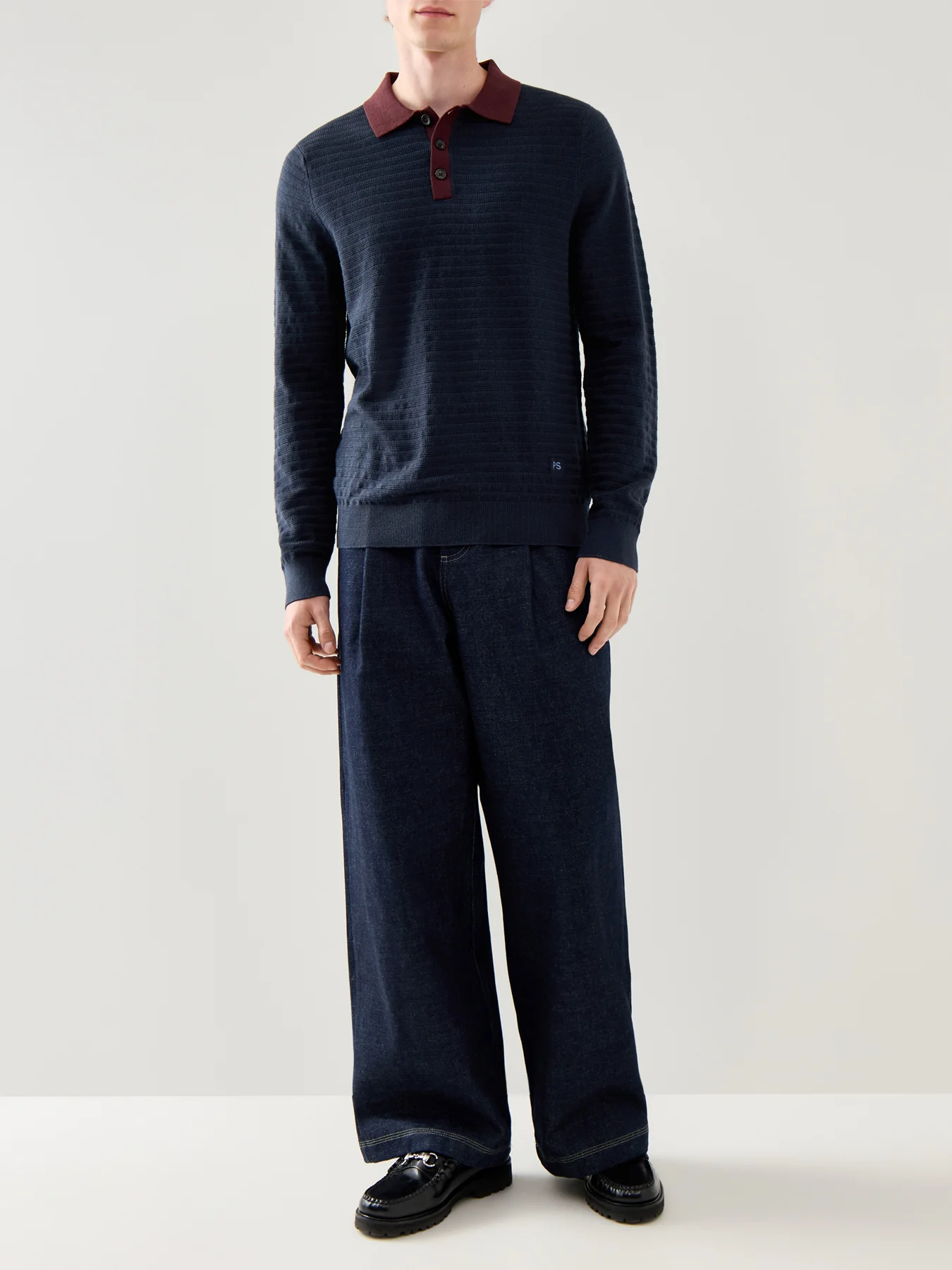 Long Sleeves Cotton Textured Polo Navy - Image 2