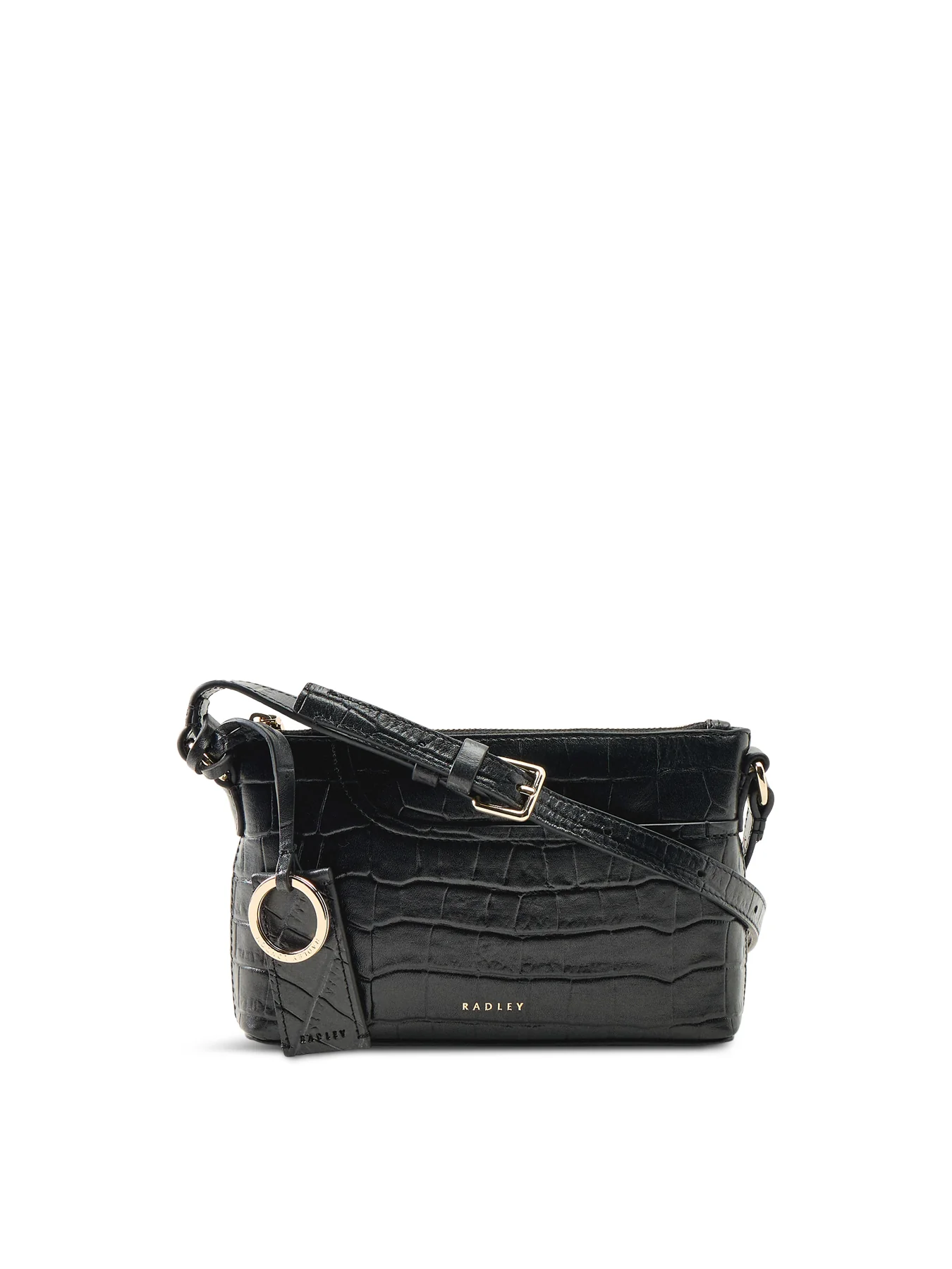 Pockets Faux Croc Mini Zip Top Shoulder Bag Black