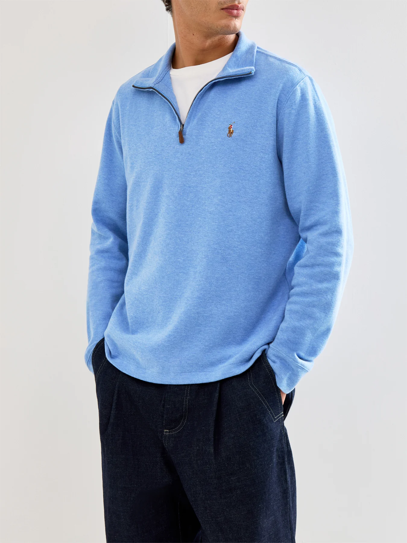 1/4 Zip Ribbed Cotton Sweatshirt Blue - Image 4