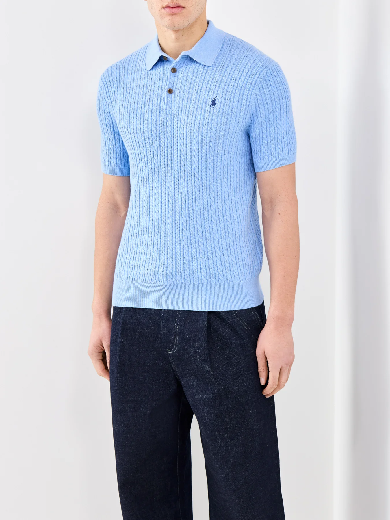 Cable Knit Polo Shirt Blue - Image 4