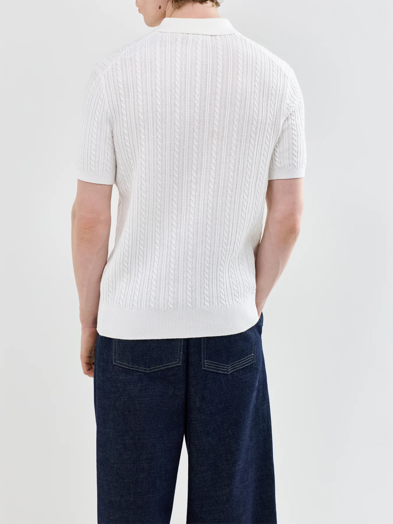 Cable Knit Polo Shirt White - Image 5