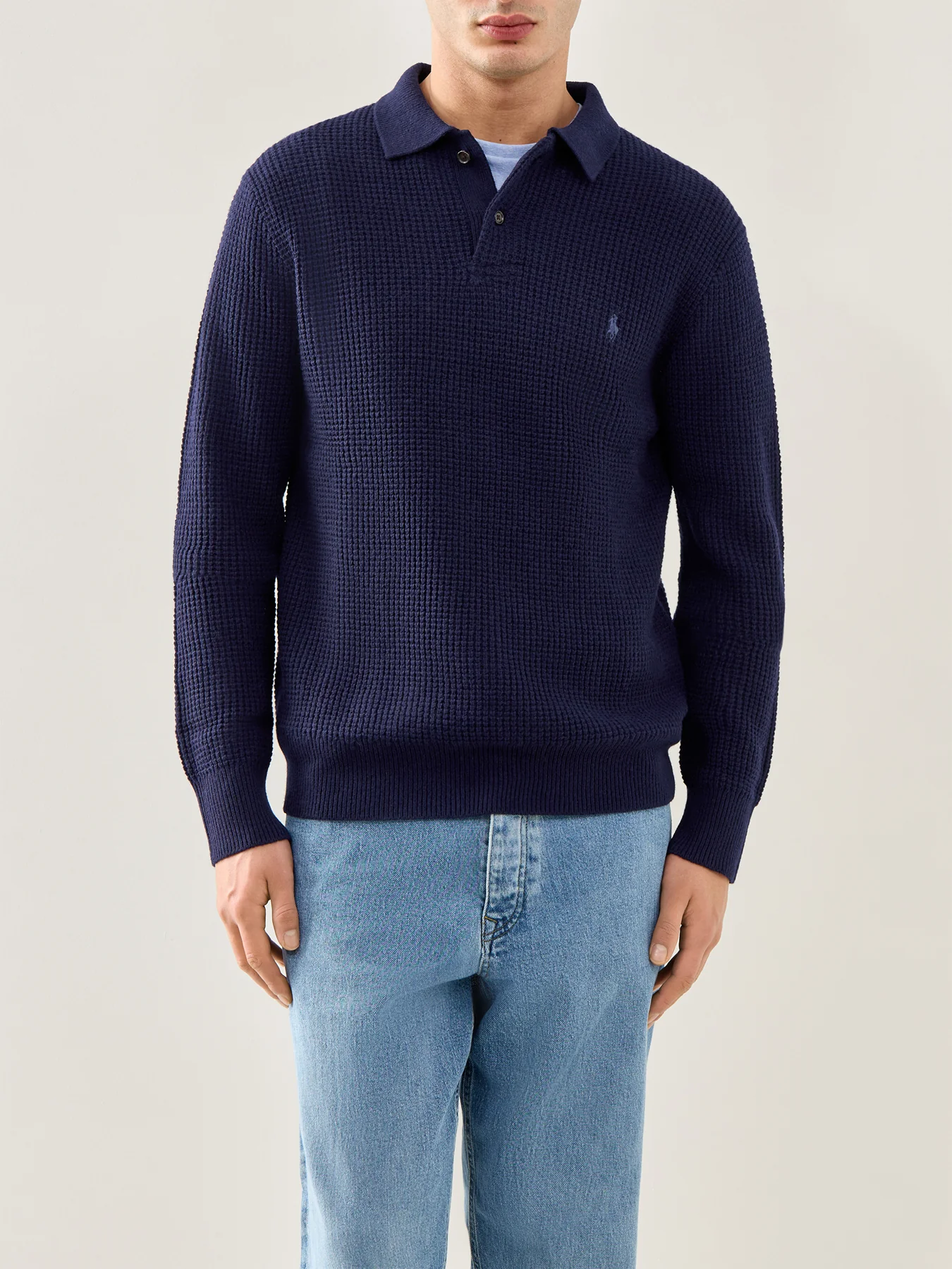 Cotton Wool Knitted Polo Shirt Navy - Image 3