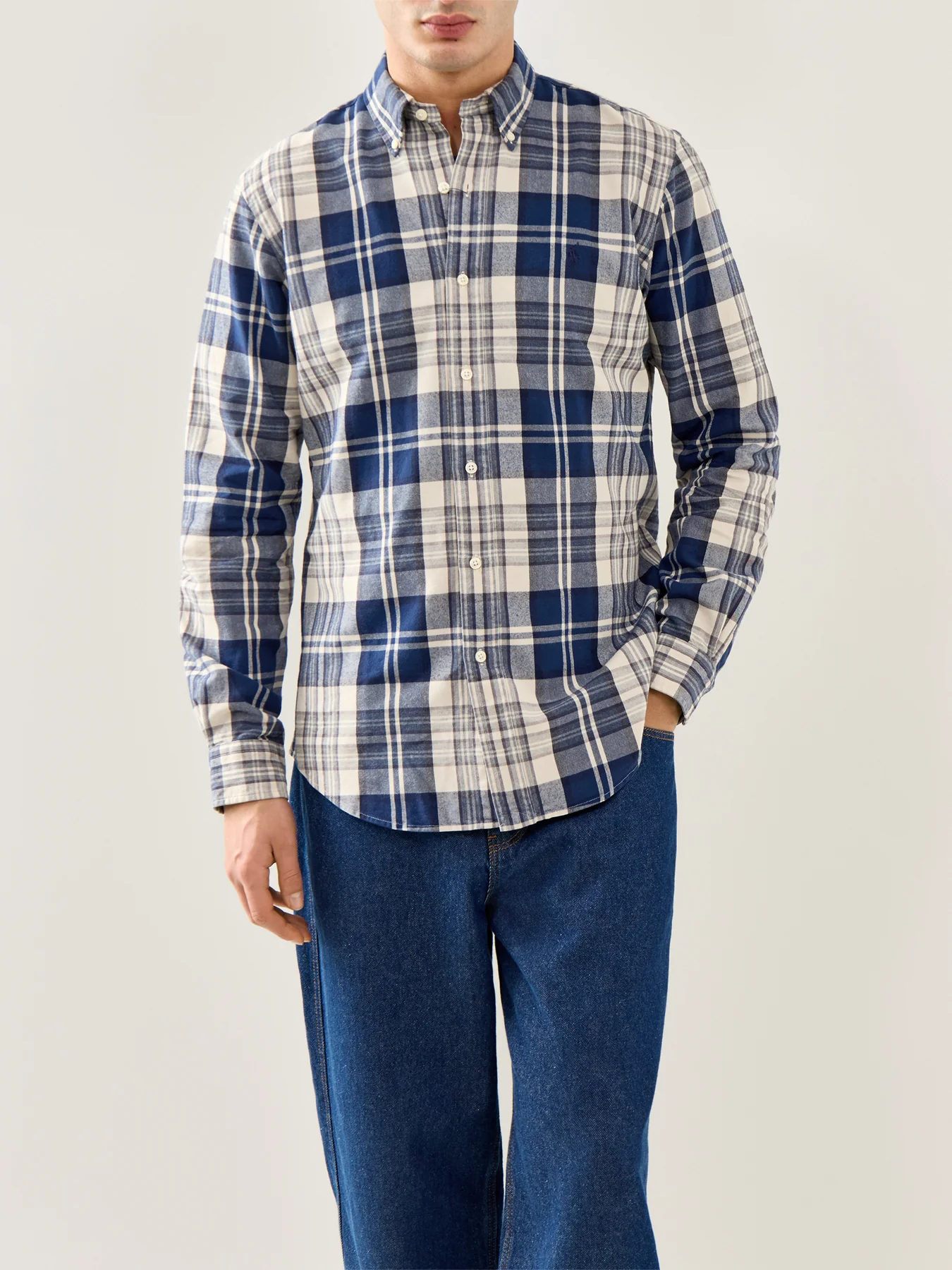 Custom Fit Brushed Oxford Check Shirt Navy - Image 4
