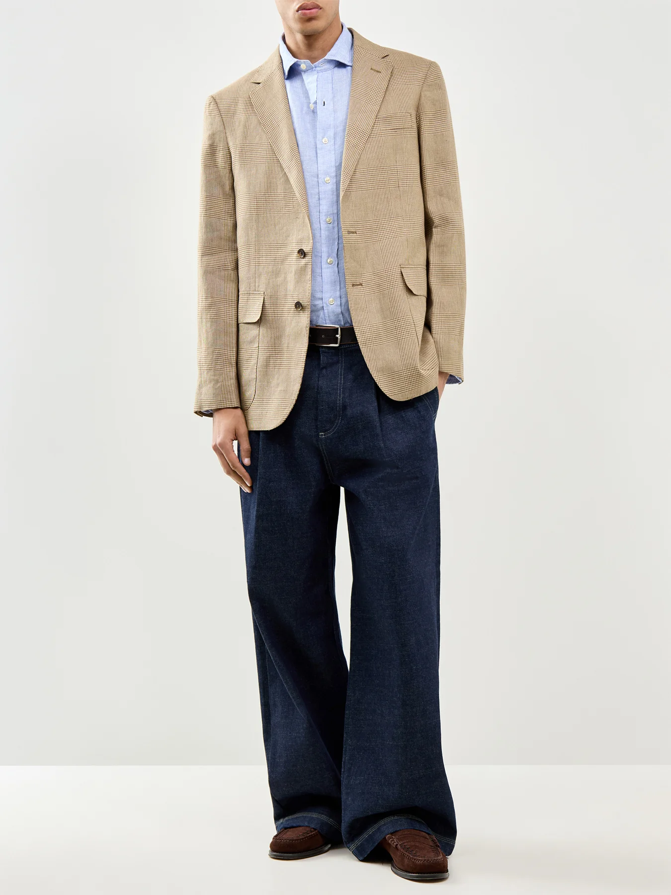 Custom Fit Micro Check Linen Shirt Blue - Image 2