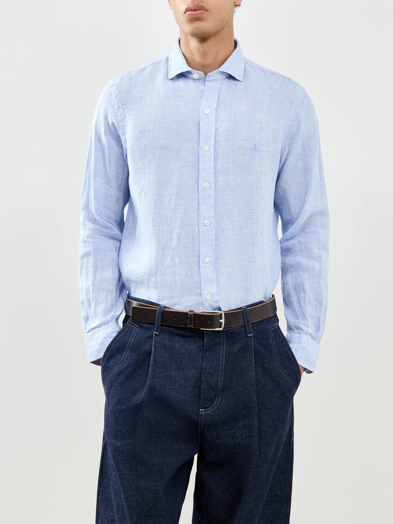 Custom Fit Micro Check Linen Shirt Blue - Image 4