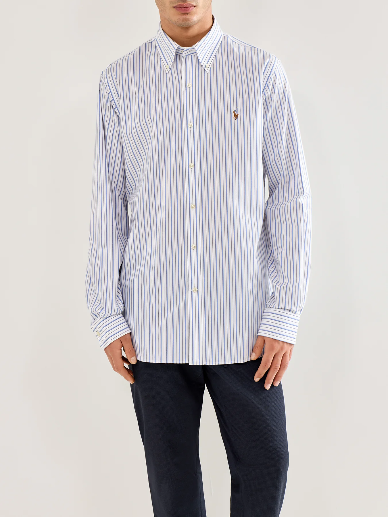 Custom Fit Multi Stripe Oxford Dress Shirt Blue - Image 4
