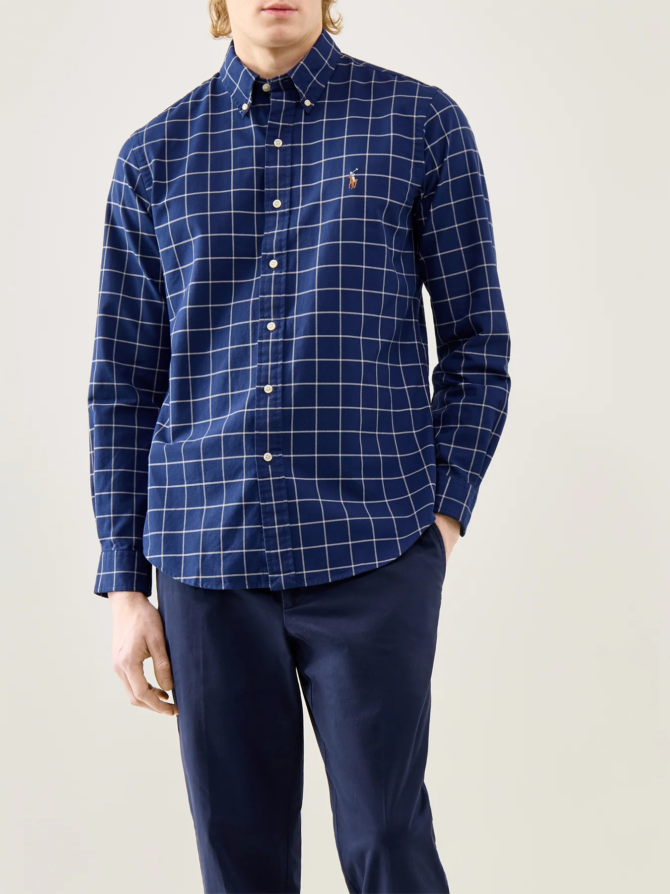 Custom Fit Oxford Windowpane Check Shirt Navy White - Image 4