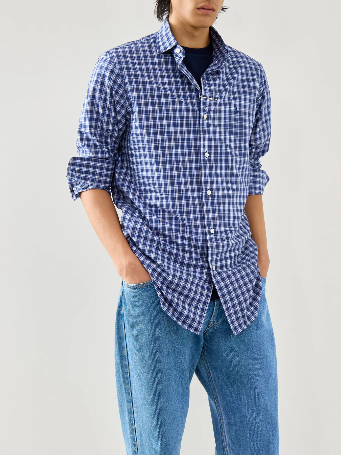Custom Fit Stretch Poplin Check Shirt Navy Multi - Image 4