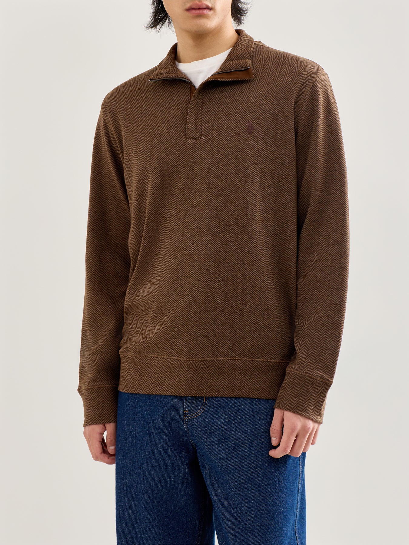 Double Knit Herringbone Quarter Zip Sweat Brown - Image 4