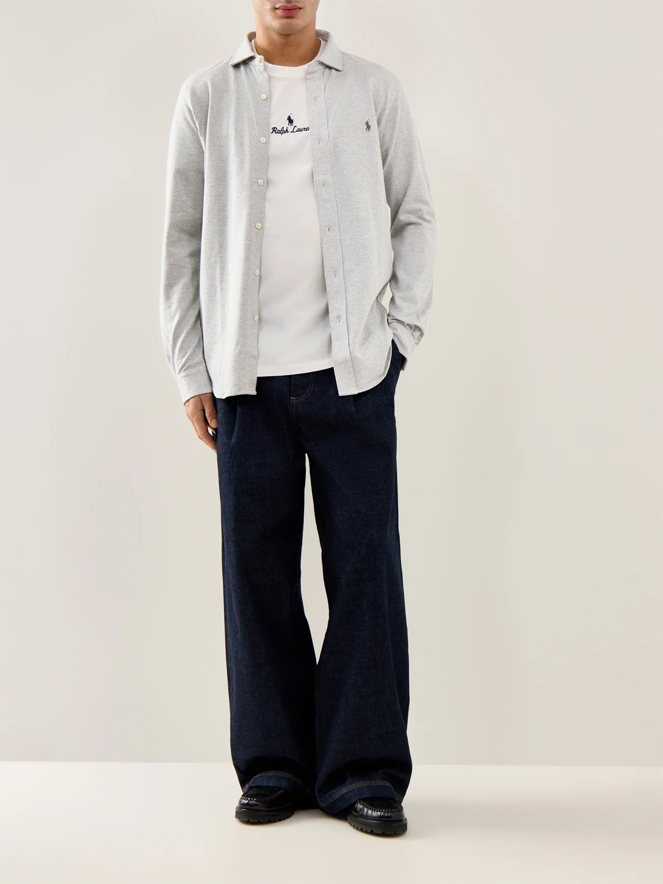 Jersey Spread Collar Check Shirt Grey - Image 2