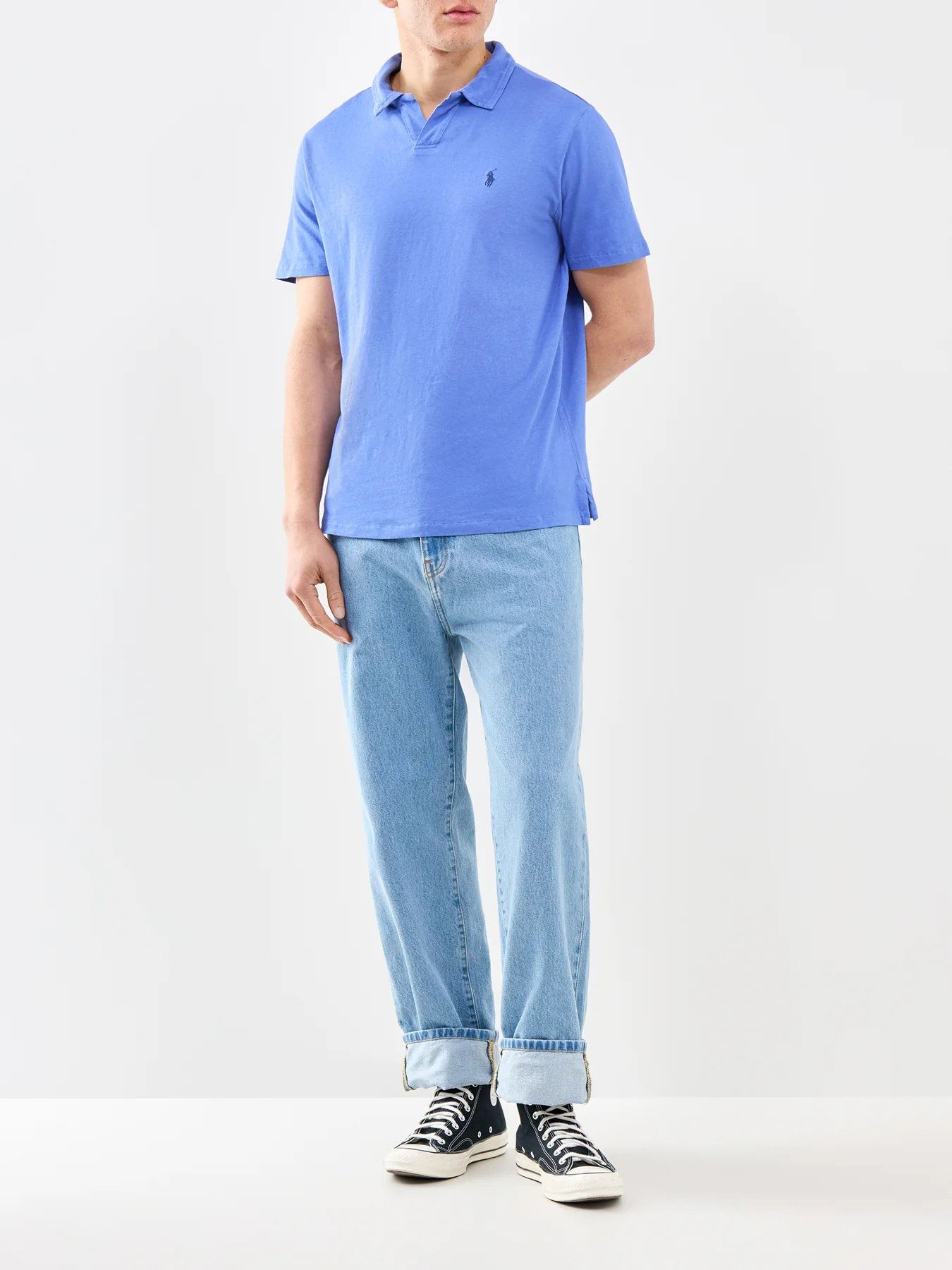 Open Neck Linen Polo Shirt Blue - Image 2