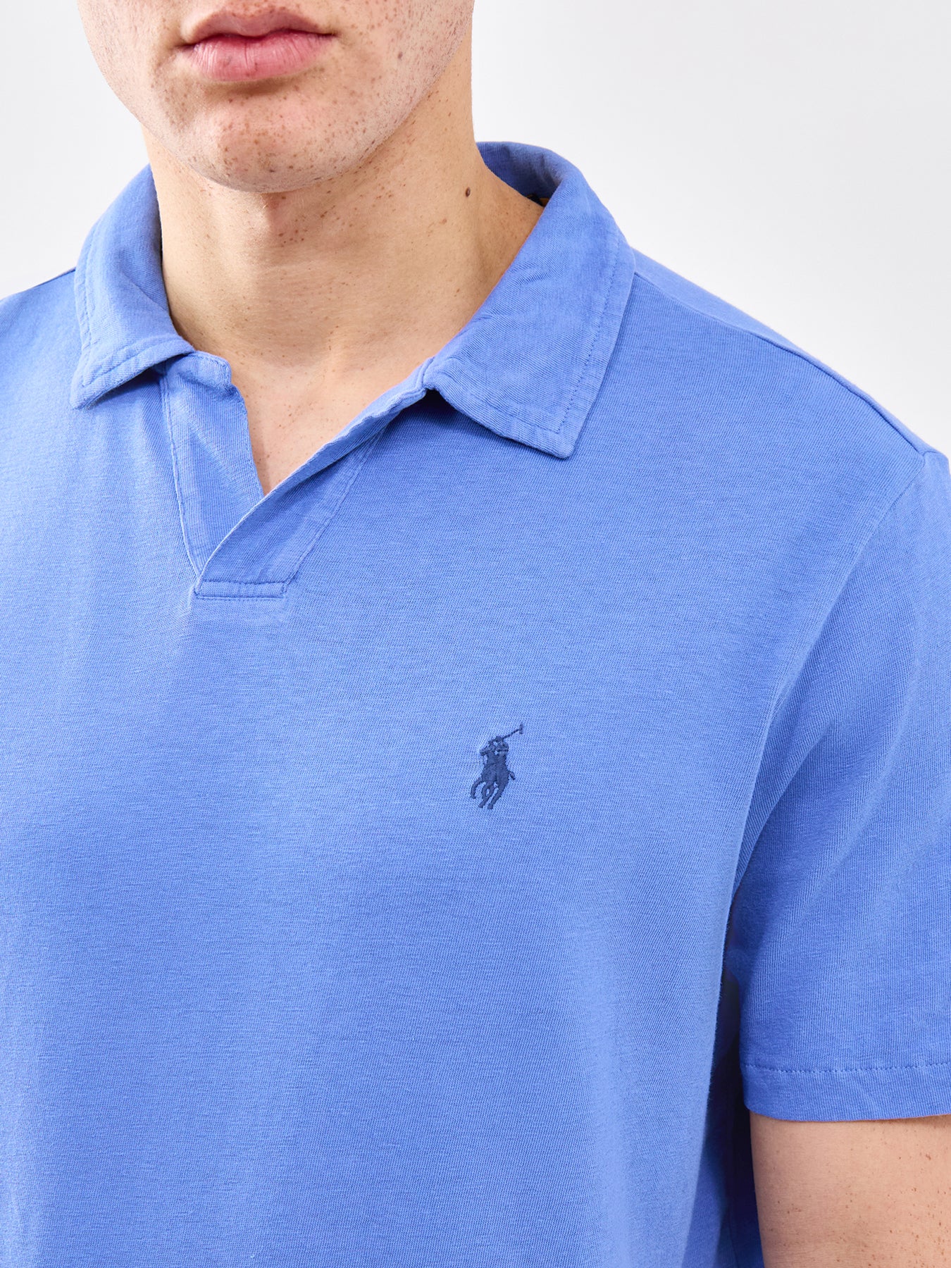Open Neck Linen Polo Shirt Blue - Image 3