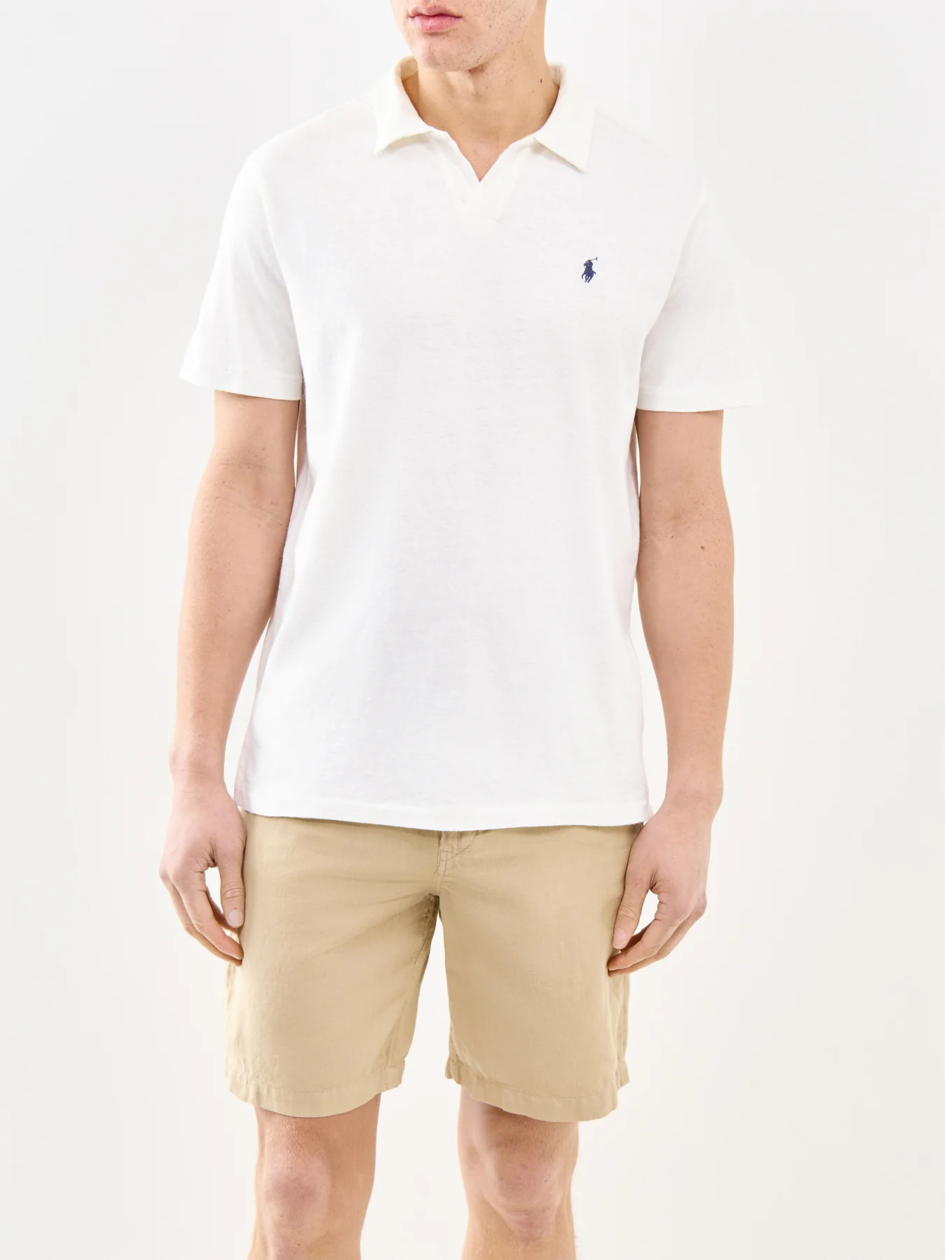 Open Neck Linen Polo Shirt Cream - Image 4