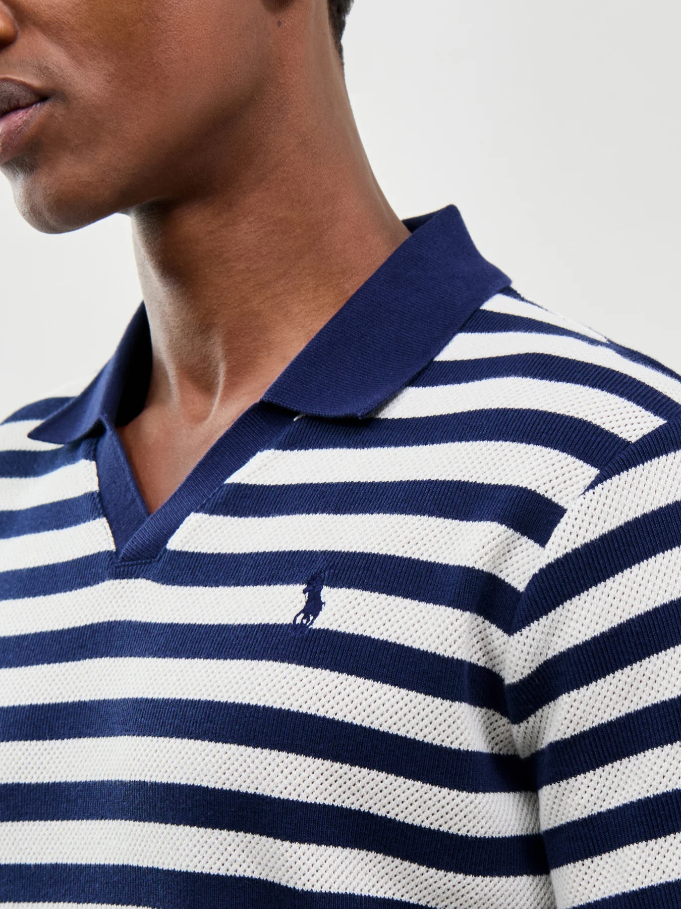 Open Neck Stripe Polo Navy - Image 3
