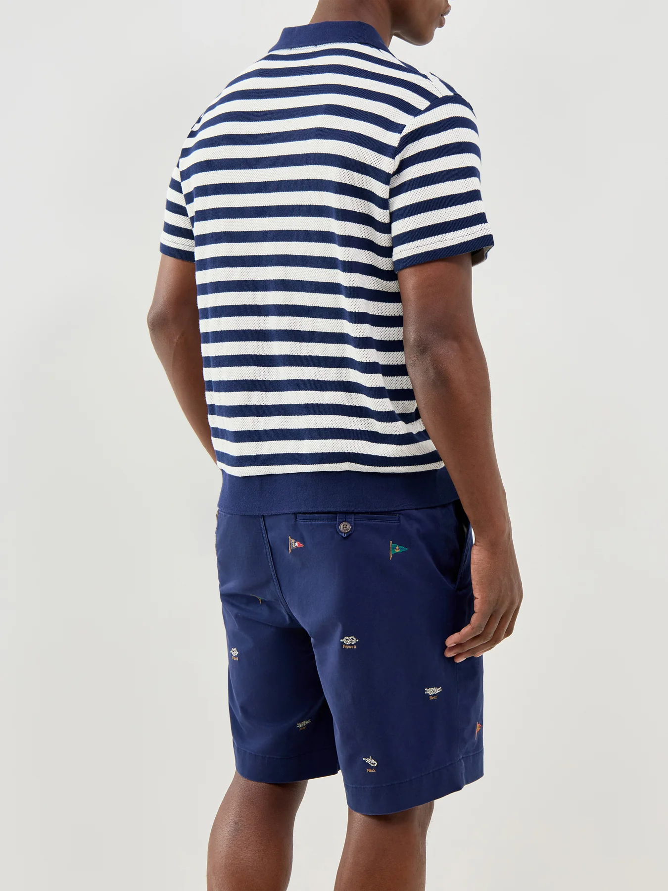 Open Neck Stripe Polo Navy - Image 5