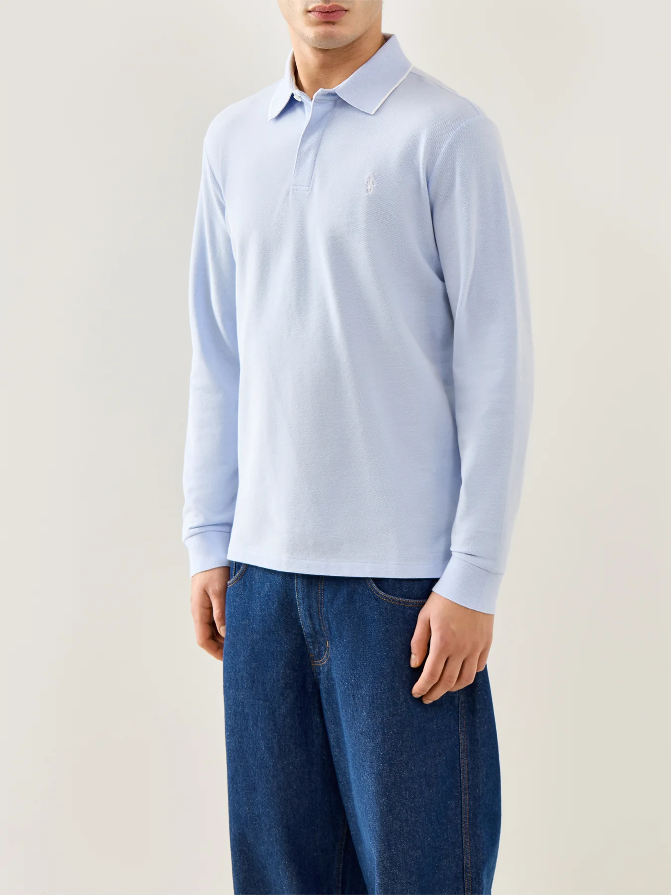 Oxford Mesh Long Sleeve Polo Blue - Image 4