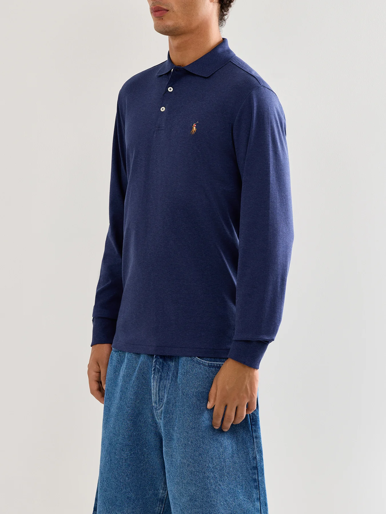 Pima Cotton Long Sleeves Polo Top Blue - Image 4