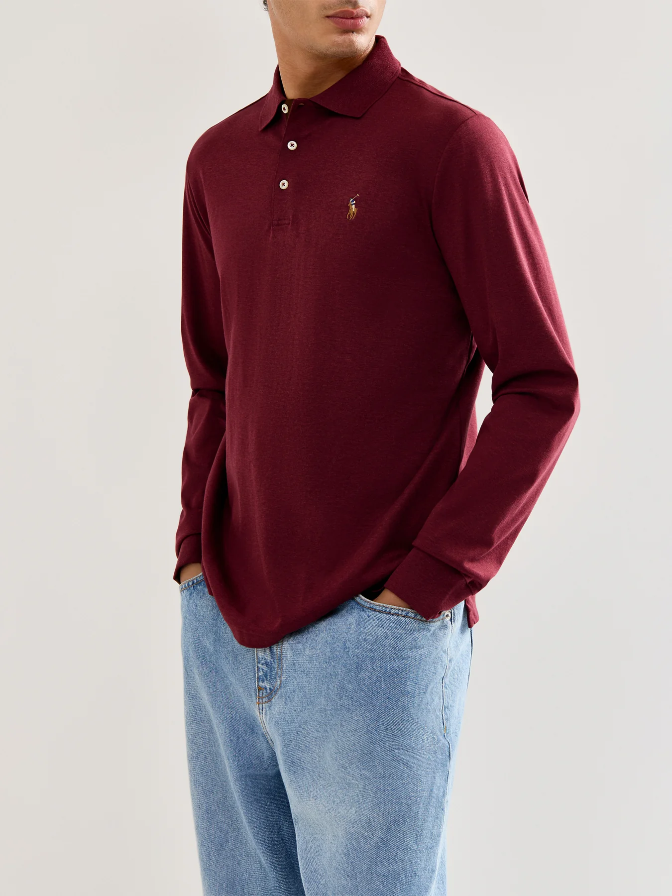 Pima Cotton Long Sleeves Polo Top Wine - Image 4
