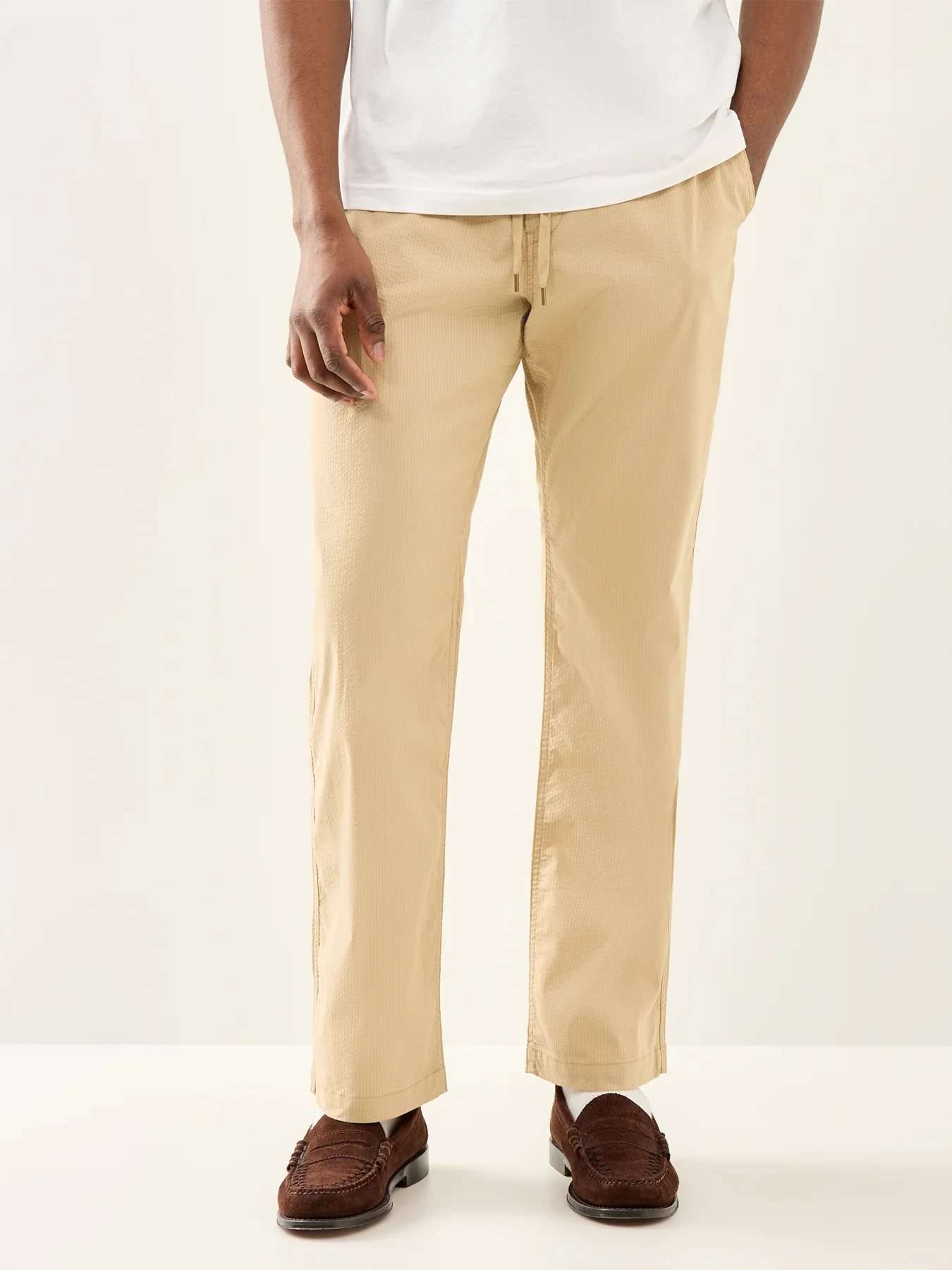 Seersucker Drawstring Trousers Beige - Image 4