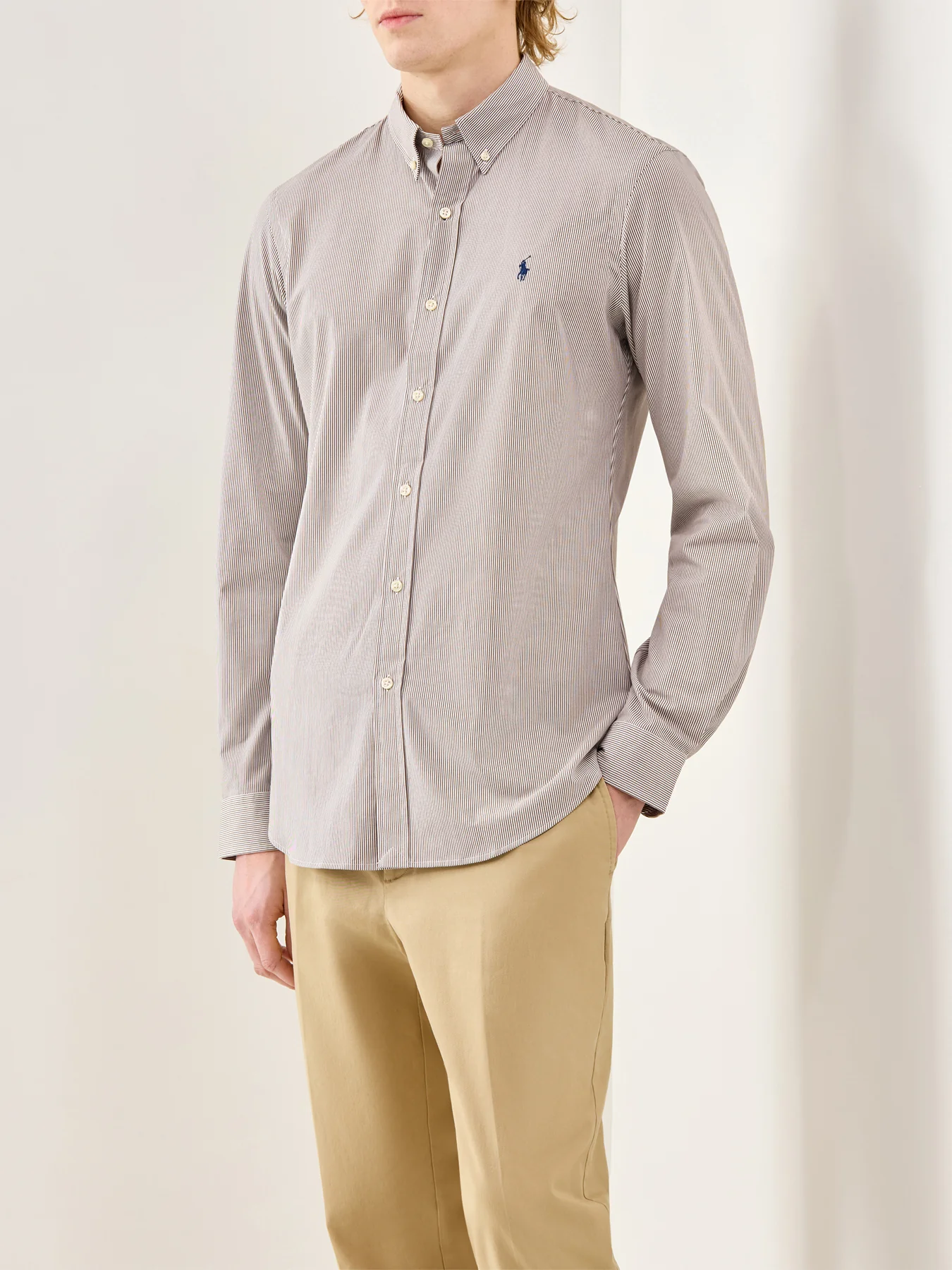 Slim Fit Stretch Poplin Stripe Shirt Brown White - Image 4