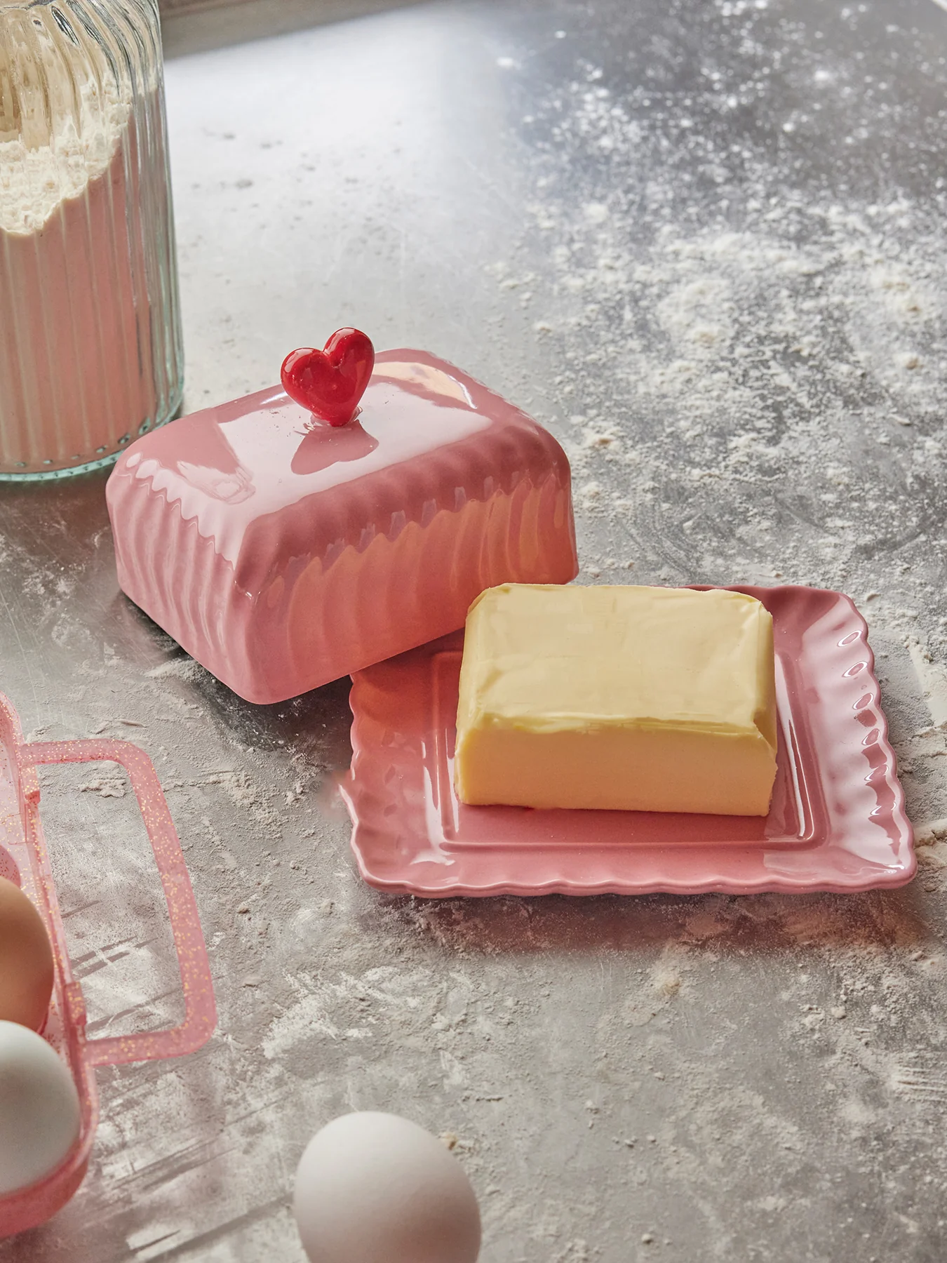 Ceramic Butter Dish with Red Heart Pink - Image 2
