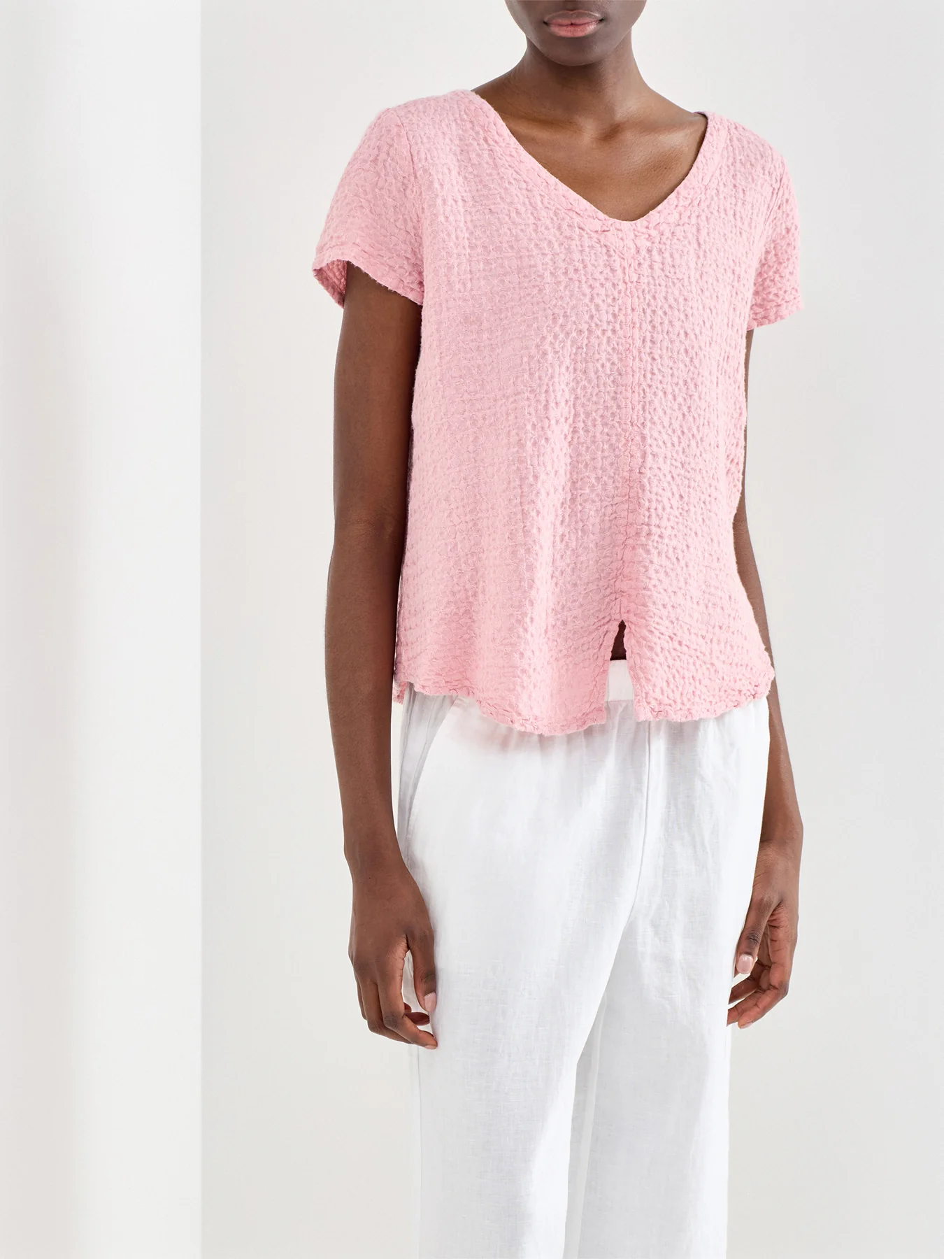 Waffle Linen V-Neck Top Pink - Image 4