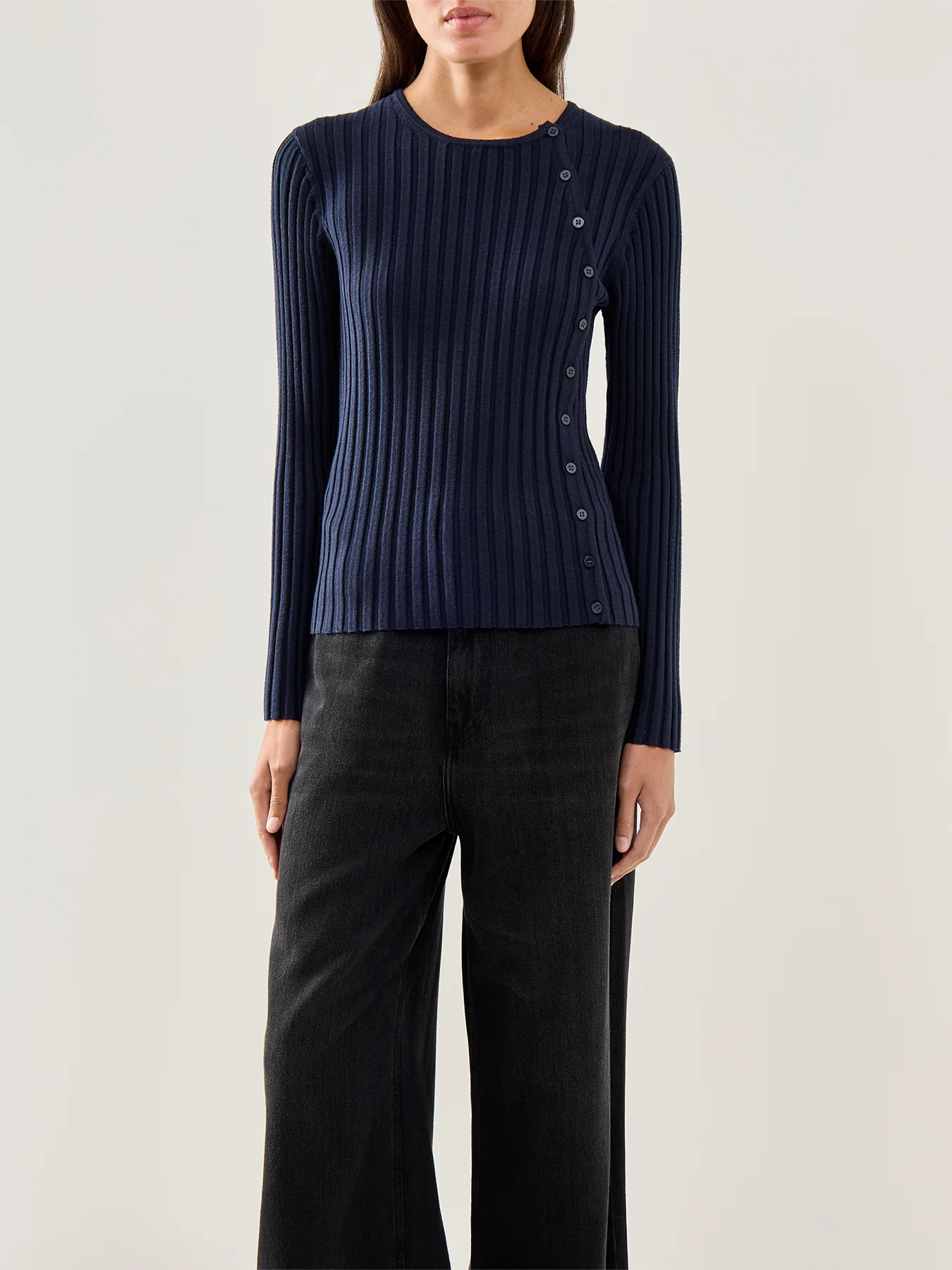 Helen Knit Button O Neck Top Dark Sapphire - Image 3