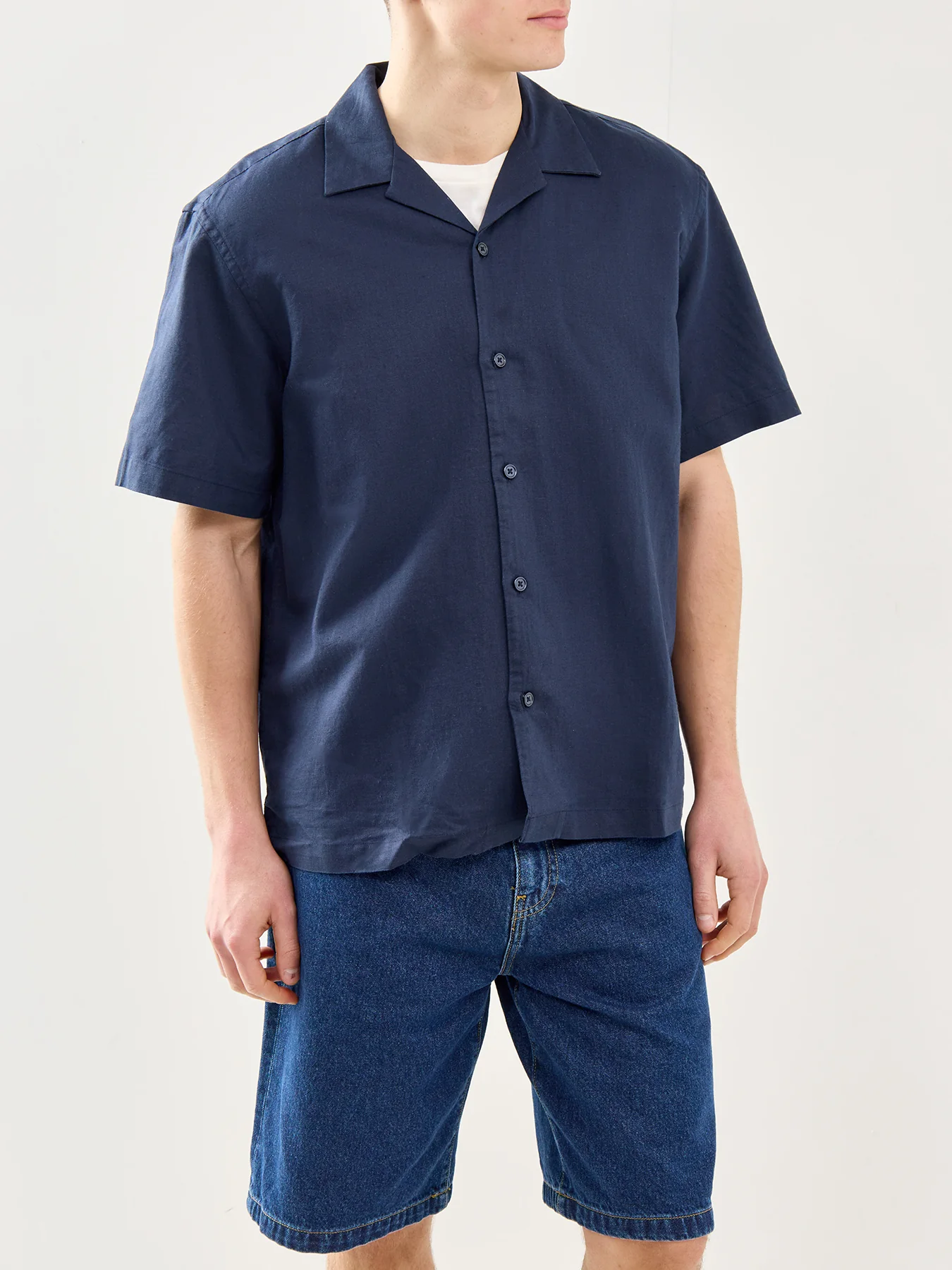 Relaxed Linen-Blend Short Sleeve Shirt Navy - Image 4